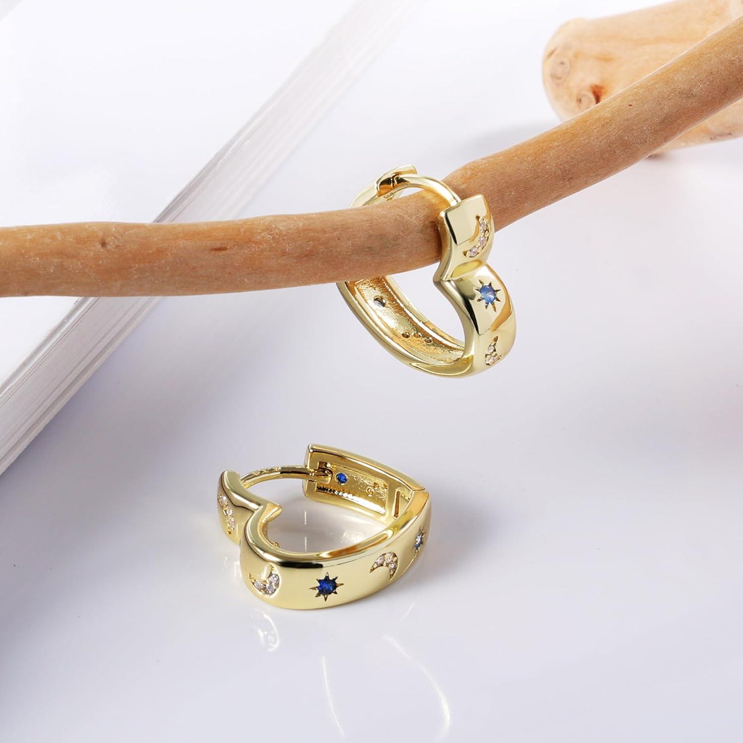 LANCHARMED 14K Gold Plated Heart Hoop Earrings for Women Trendy Huggie Star Moon Zirconia 925 Sterling Silver Hoops Earring Hypoallergenic Chunky Earings for Valentine Jewelry Gifts(14K Gold)
