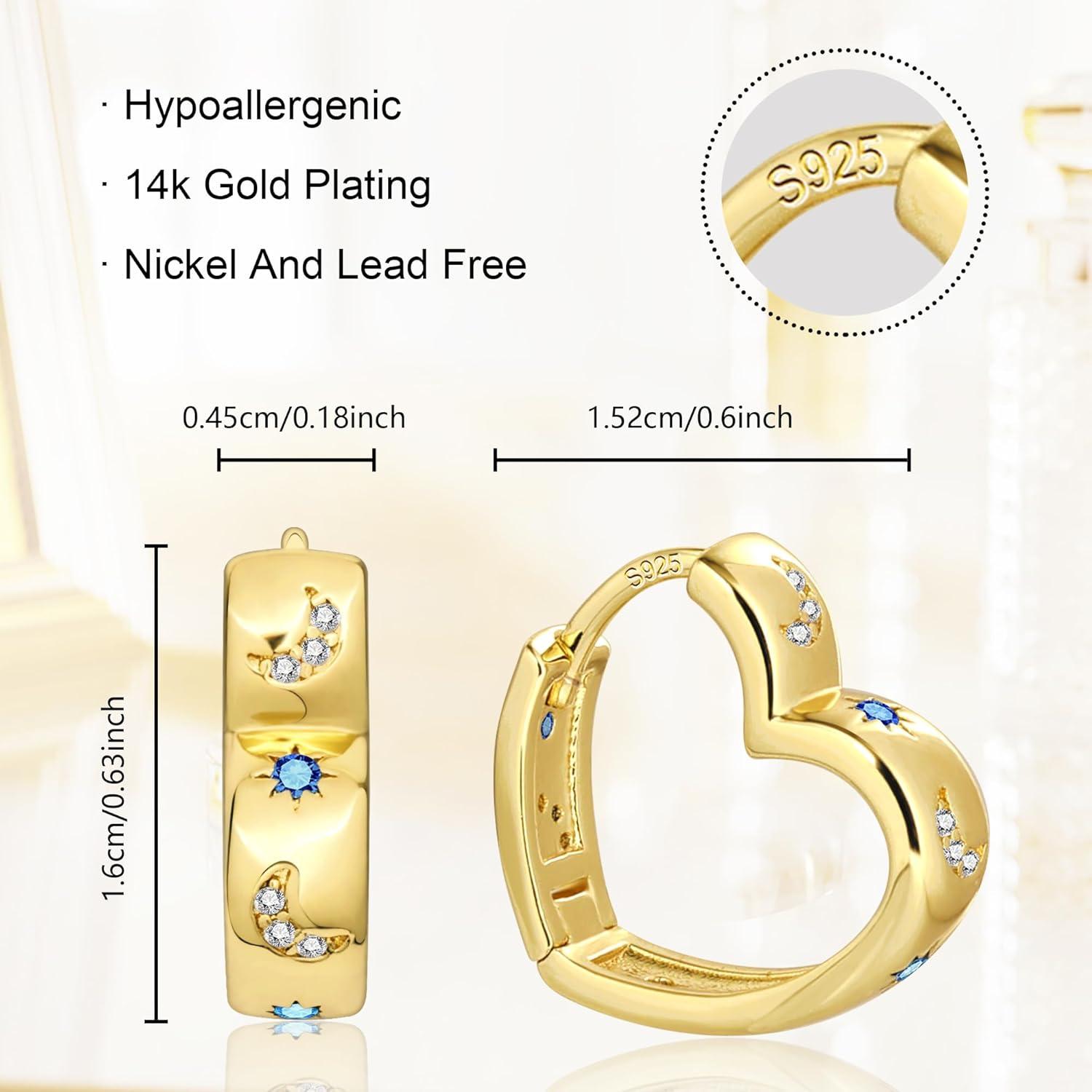LANCHARMED 14K Gold Plated Heart Hoop Earrings for Women Trendy Huggie Star Moon Zirconia 925 Sterling Silver Hoops Earring Hypoallergenic Chunky Earings for Valentine Jewelry Gifts(14K Gold)