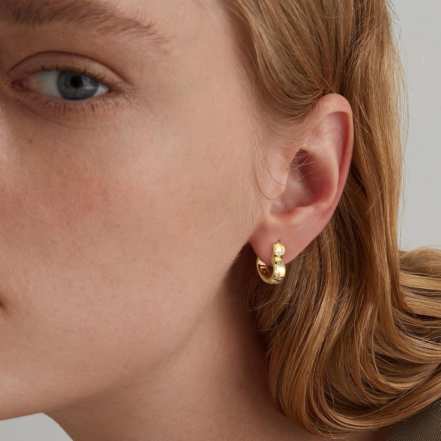 LANCHARMED 14K Gold Plated Heart Hoop Earrings for Women Trendy Huggie Star Moon Zirconia 925 Sterling Silver Hoops Earring Hypoallergenic Chunky Earings for Valentine Jewelry Gifts(14K Gold)