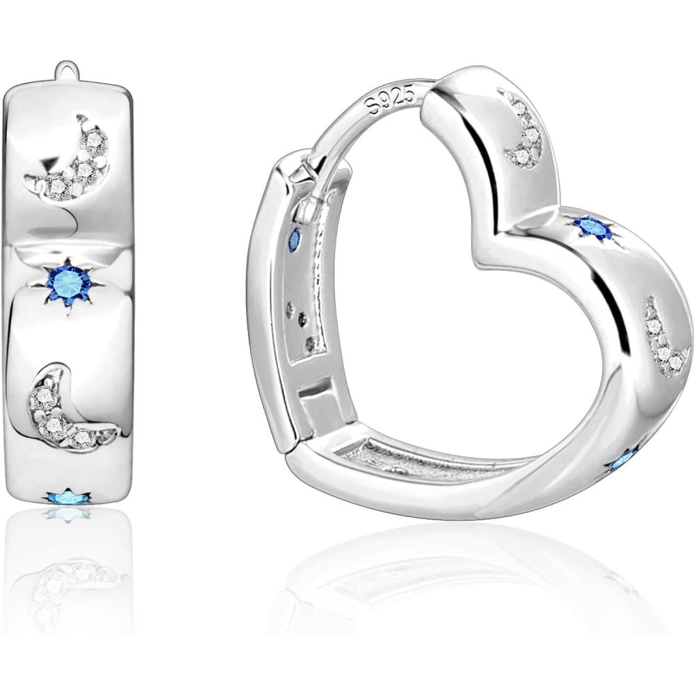 LANCHARMED 14K Gold Plated Heart Hoop Earrings for Women Trendy Huggie Star Moon Zirconia 925 Sterling Silver Hoops Earring Hypoallergenic Chunky Earings for Valentine Jewelry Gifts(Silver)