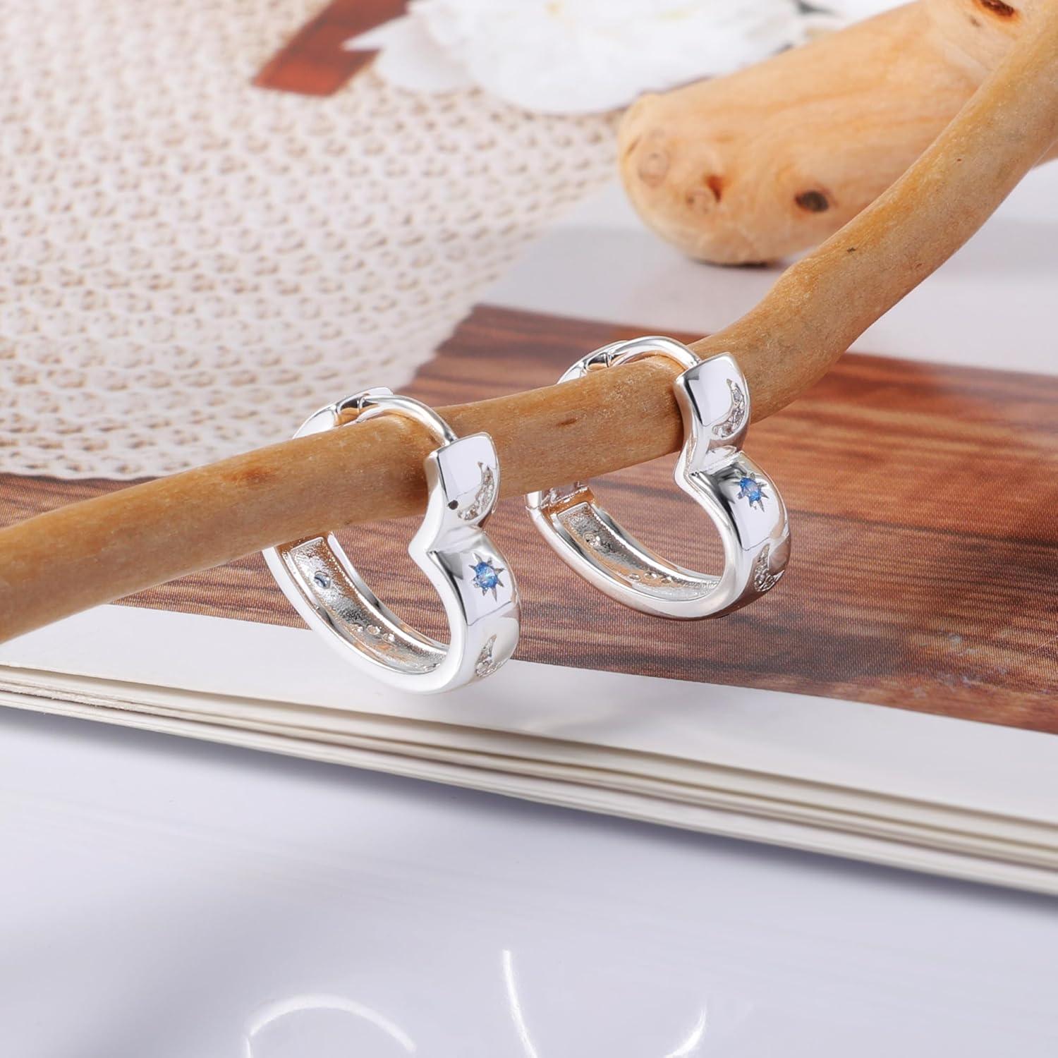 LANCHARMED 14K Gold Plated Heart Hoop Earrings for Women Trendy Huggie Star Moon Zirconia 925 Sterling Silver Hoops Earring Hypoallergenic Chunky Earings for Valentine Jewelry Gifts(Silver)