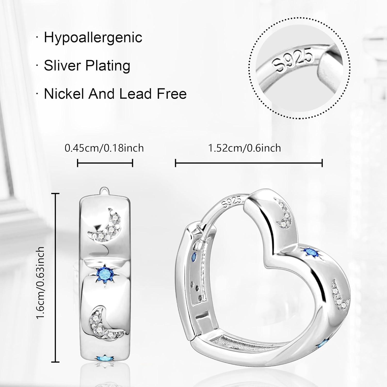 LANCHARMED 14K Gold Plated Heart Hoop Earrings for Women Trendy Huggie Star Moon Zirconia 925 Sterling Silver Hoops Earring Hypoallergenic Chunky Earings for Valentine Jewelry Gifts(Silver)