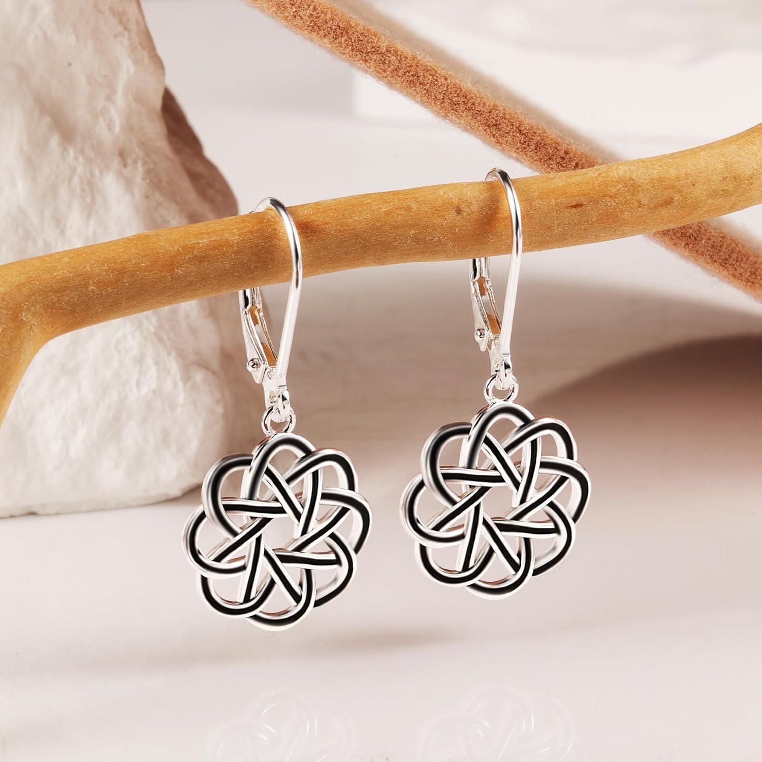 LANCHARMED 925 Sterling Silver Dangle Drop Earrings for Women girls, 14K Gold Trendy Celtic Knot Leverback Dangle Earrings, Lightweight Hypoallergenic Jewelry(Celtic Knot Silver)