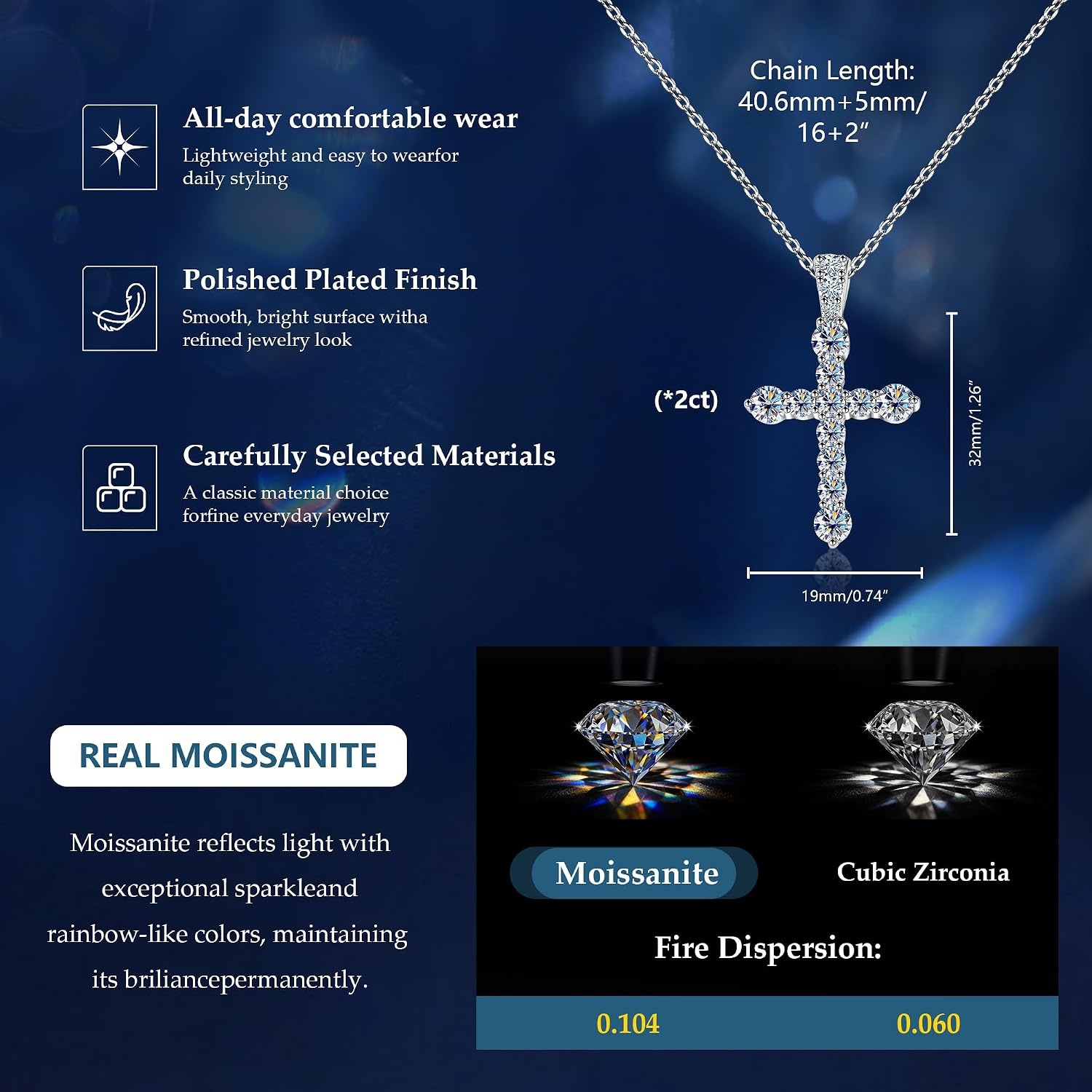 Moissanite Cross Necklace for Women Christian(D)
