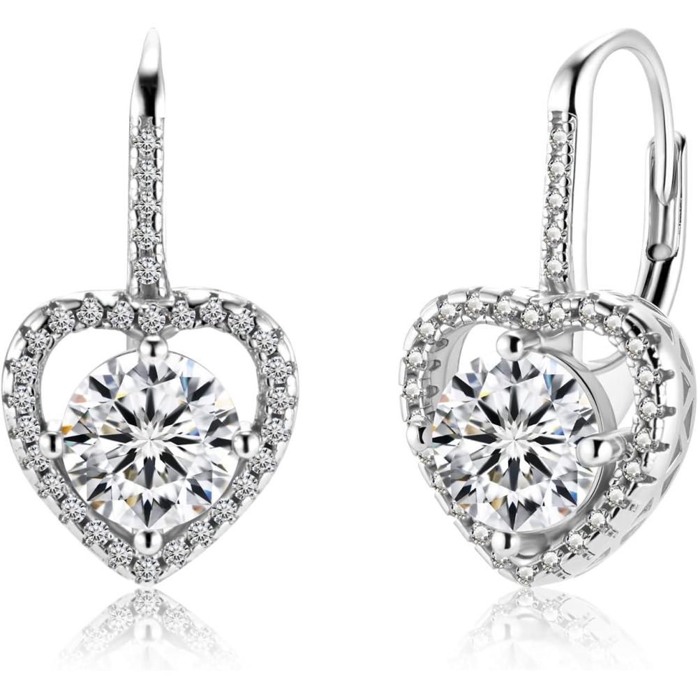 LANCHARMED Moissanite Earrings, White Gold Plated Soild Sterling Silver Dangle Earrings 1.0ct-2.0ct D Color Brilliant Round Cut Lab Created Moissanite French Leverback Drop Earring for Women(HeartSilber_2.0ct(1.0ct*2))