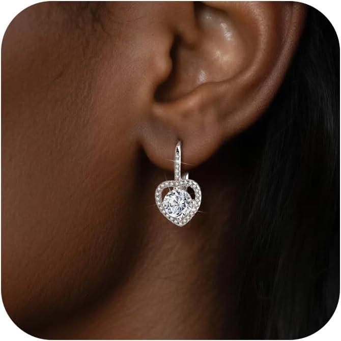 LANCHARMED Moissanite Earrings, White Gold Plated Soild Sterling Silver Dangle Earrings 1.0ct-2.0ct D Color Brilliant Round Cut Lab Created Moissanite French Leverback Drop Earring for Women(HeartSilber_2.0ct(1.0ct*2))