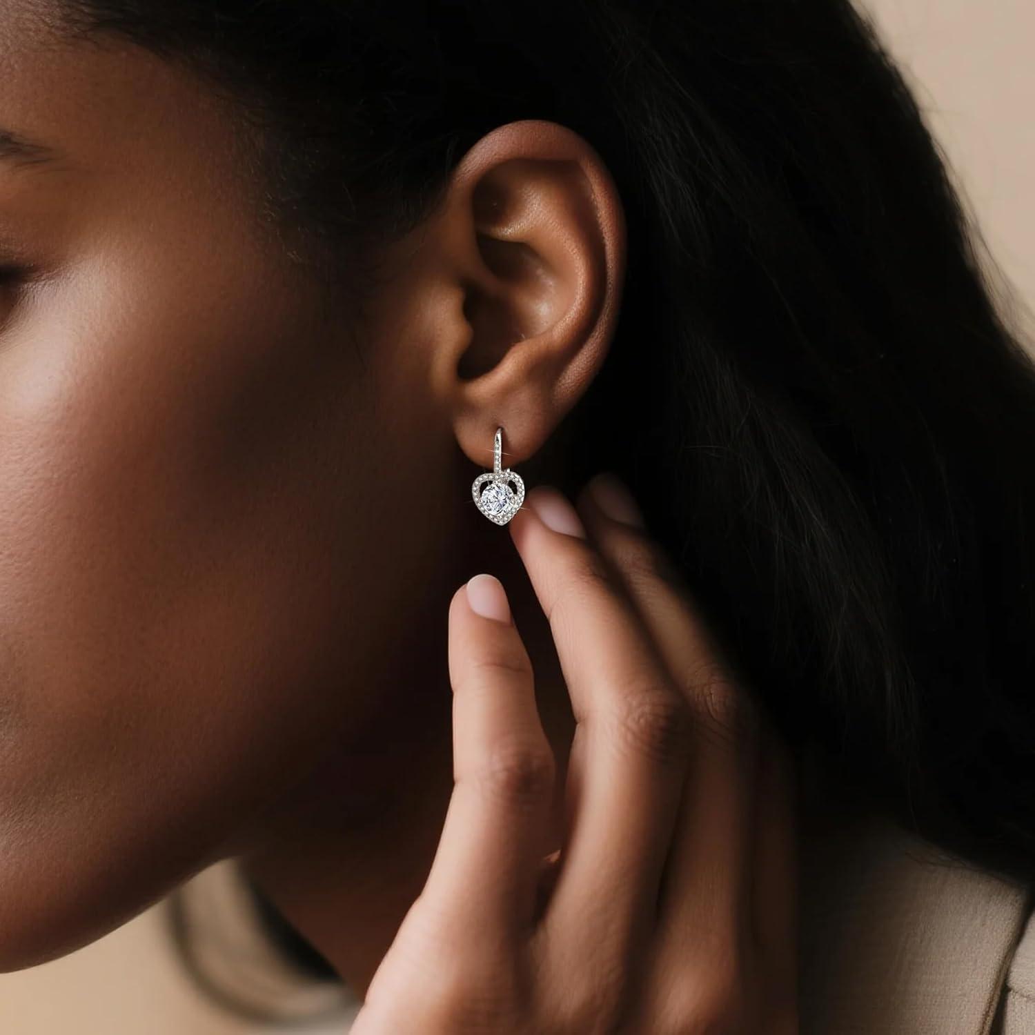 LANCHARMED Moissanite Earrings, White Gold Plated Soild Sterling Silver Dangle Earrings 1.0ct-2.0ct D Color Brilliant Round Cut Lab Created Moissanite French Leverback Drop Earring for Women(HeartSilber_2.0ct(1.0ct*2))