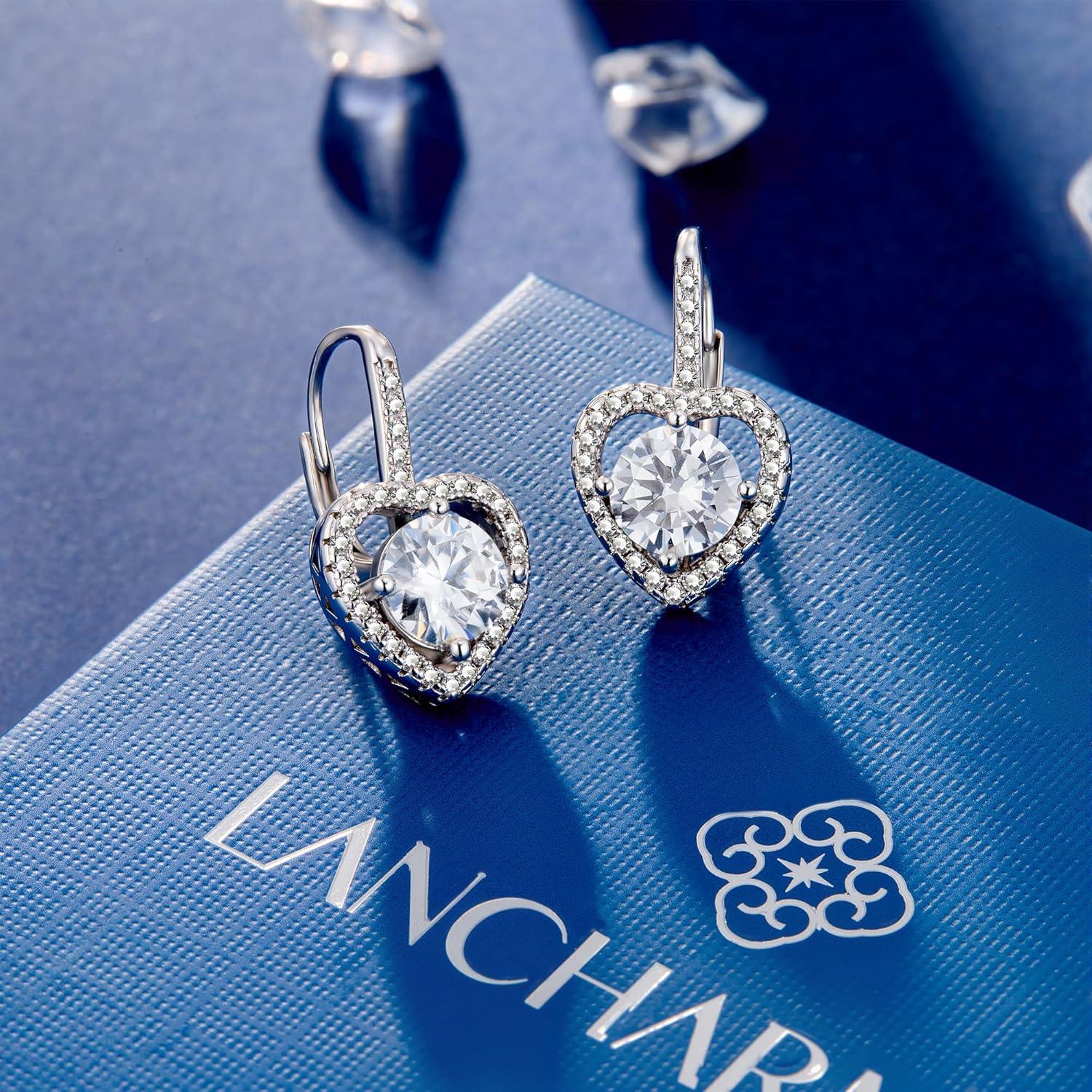 LANCHARMED Moissanite Earrings, White Gold Plated Soild Sterling Silver Dangle Earrings 1.0ct-2.0ct D Color Brilliant Round Cut Lab Created Moissanite French Leverback Drop Earring for Women(HeartSilber_2.0ct(1.0ct*2))