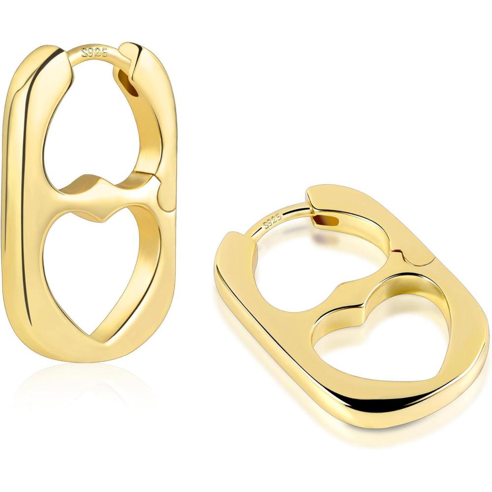 LANCHARMED 925 Sterling Silver Heart Rectangle Hoop Earrings for Women Trendy Geometric S925 Hypoallergenic Oval Earring 14K Gold Plated Square Huggie Hoops Earings Valentine Jewelry Gifts(14K Gold)
