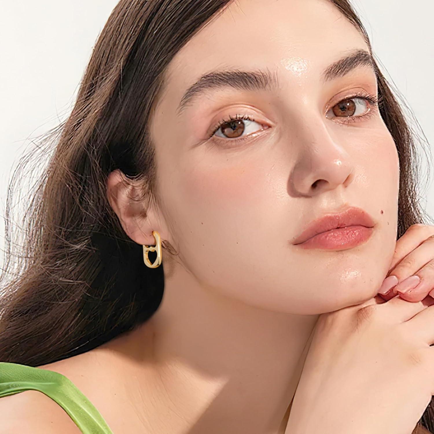 LANCHARMED 925 Sterling Silver Heart Rectangle Hoop Earrings for Women Trendy Geometric S925 Hypoallergenic Oval Earring 14K Gold Plated Square Huggie Hoops Earings Valentine Jewelry Gifts(14K Gold)