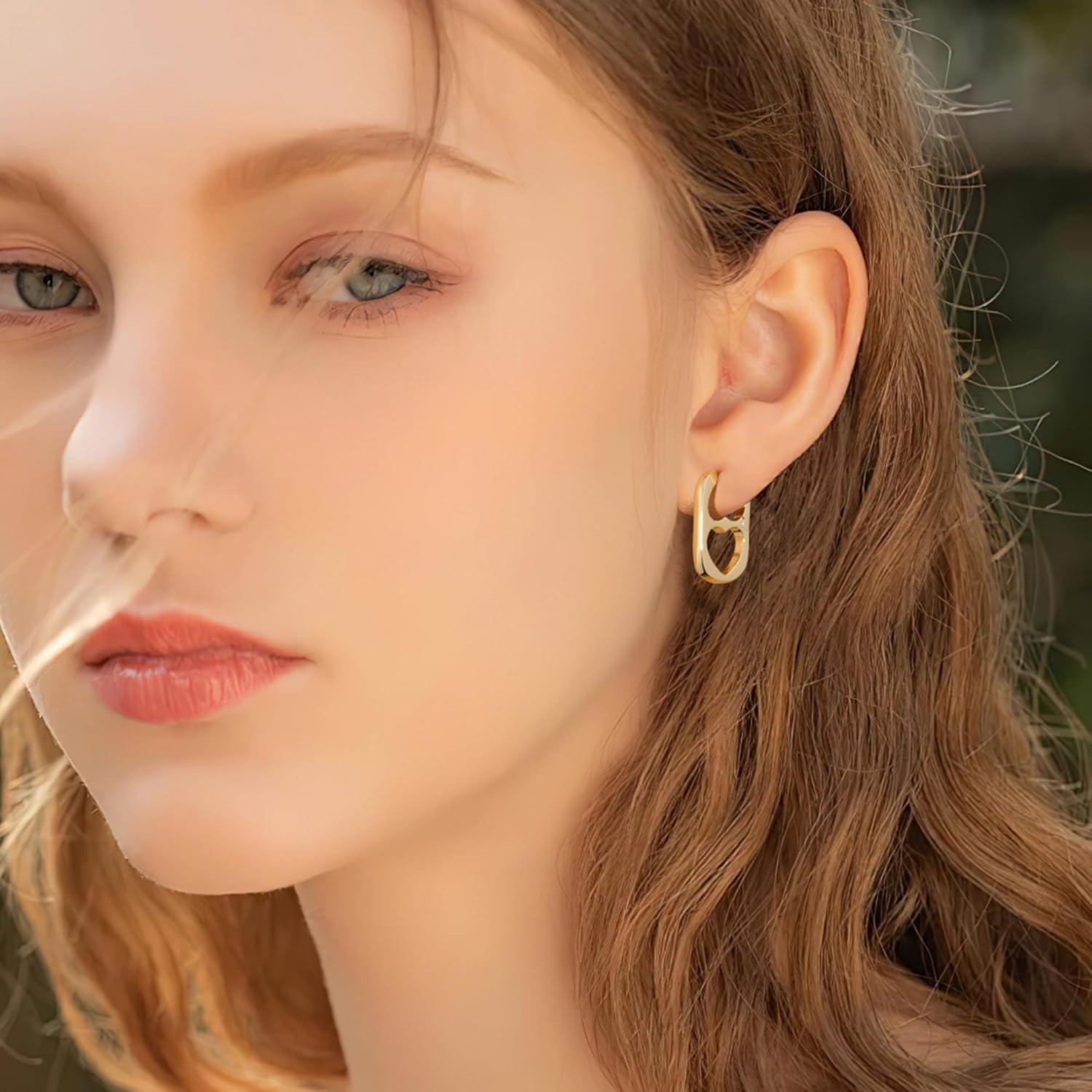LANCHARMED 925 Sterling Silver Heart Rectangle Hoop Earrings for Women Trendy Geometric S925 Hypoallergenic Oval Earring 14K Gold Plated Square Huggie Hoops Earings Valentine Jewelry Gifts(14K Gold)