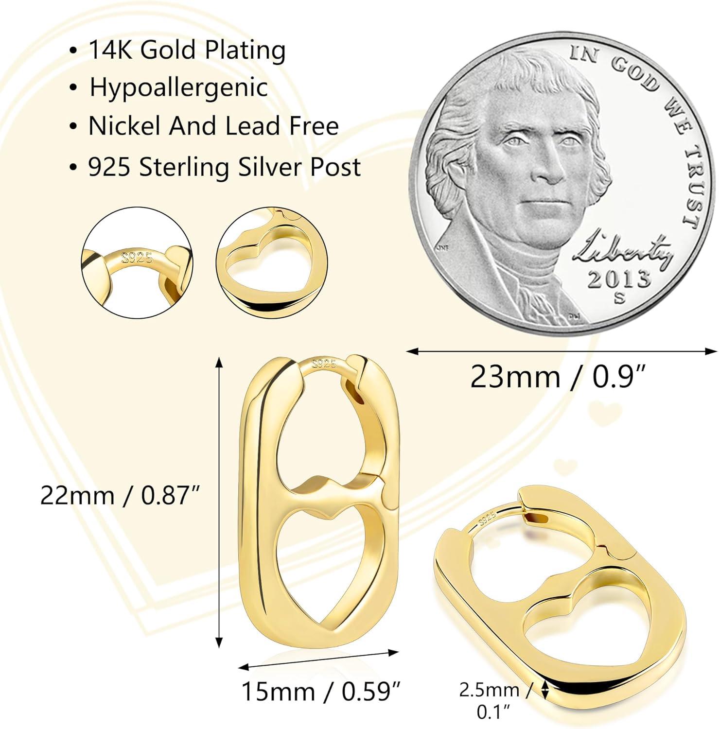 LANCHARMED 925 Sterling Silver Heart Rectangle Hoop Earrings for Women Trendy Geometric S925 Hypoallergenic Oval Earring 14K Gold Plated Square Huggie Hoops Earings Valentine Jewelry Gifts(14K Gold)