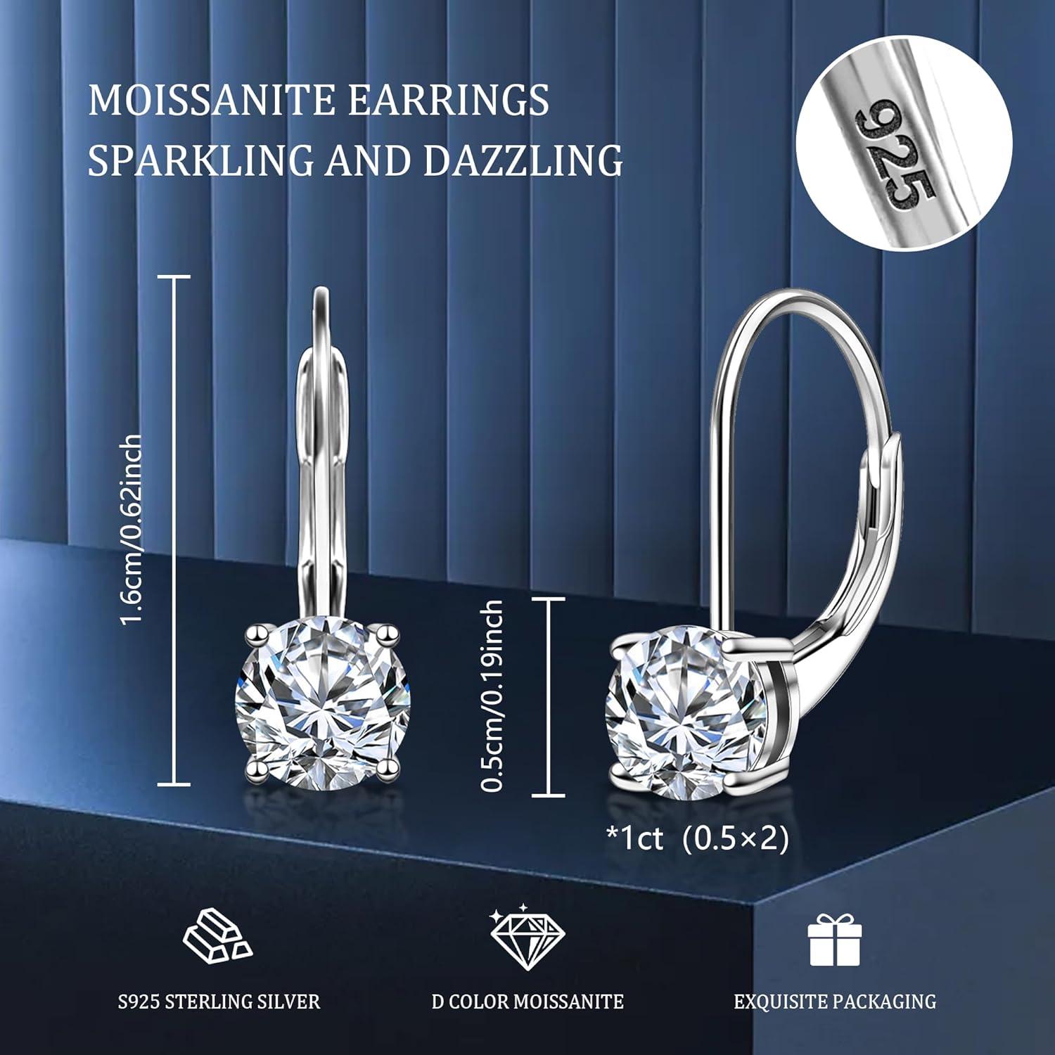 LANCHARMED Moissanite Earrings, White Gold Plated Soild Sterling Silver Dangle Earrings 1.0ct-2.0ct D Color Brilliant Round Cut Lab Created Moissanite French Leverback Drop Earring for Women(A-Silber_1.0CT(0.5ct*2))