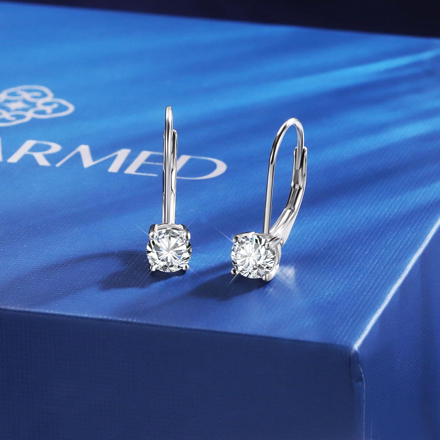 LANCHARMED Moissanite Earrings, White Gold Plated Soild Sterling Silver Dangle Earrings 1.0ct-2.0ct D Color Brilliant Round Cut Lab Created Moissanite French Leverback Drop Earring for Women(A-Silber_1.0CT(0.5ct*2))