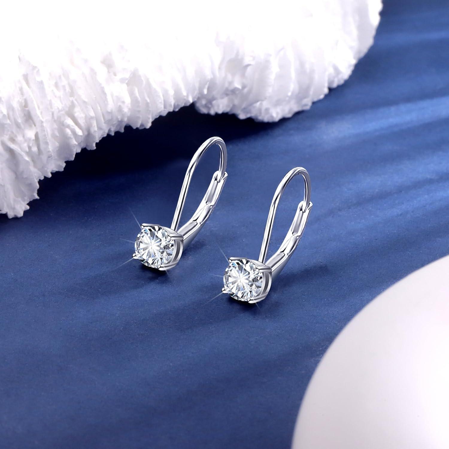 LANCHARMED Moissanite Earrings, White Gold Plated Soild Sterling Silver Dangle Earrings 1.0ct-2.0ct D Color Brilliant Round Cut Lab Created Moissanite French Leverback Drop Earring for Women(A-Silber_1.0CT(0.5ct*2))