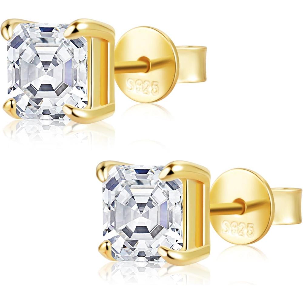 Moissanite Stud Earrings for Women 14K Gold Plated Sterling Silver Stud Earrings 6mm 2ct Asscher Cut D Color VVS1 Moissanite Stud Earrings Lab Created(Gold-6mm-2ct(1ctx2))