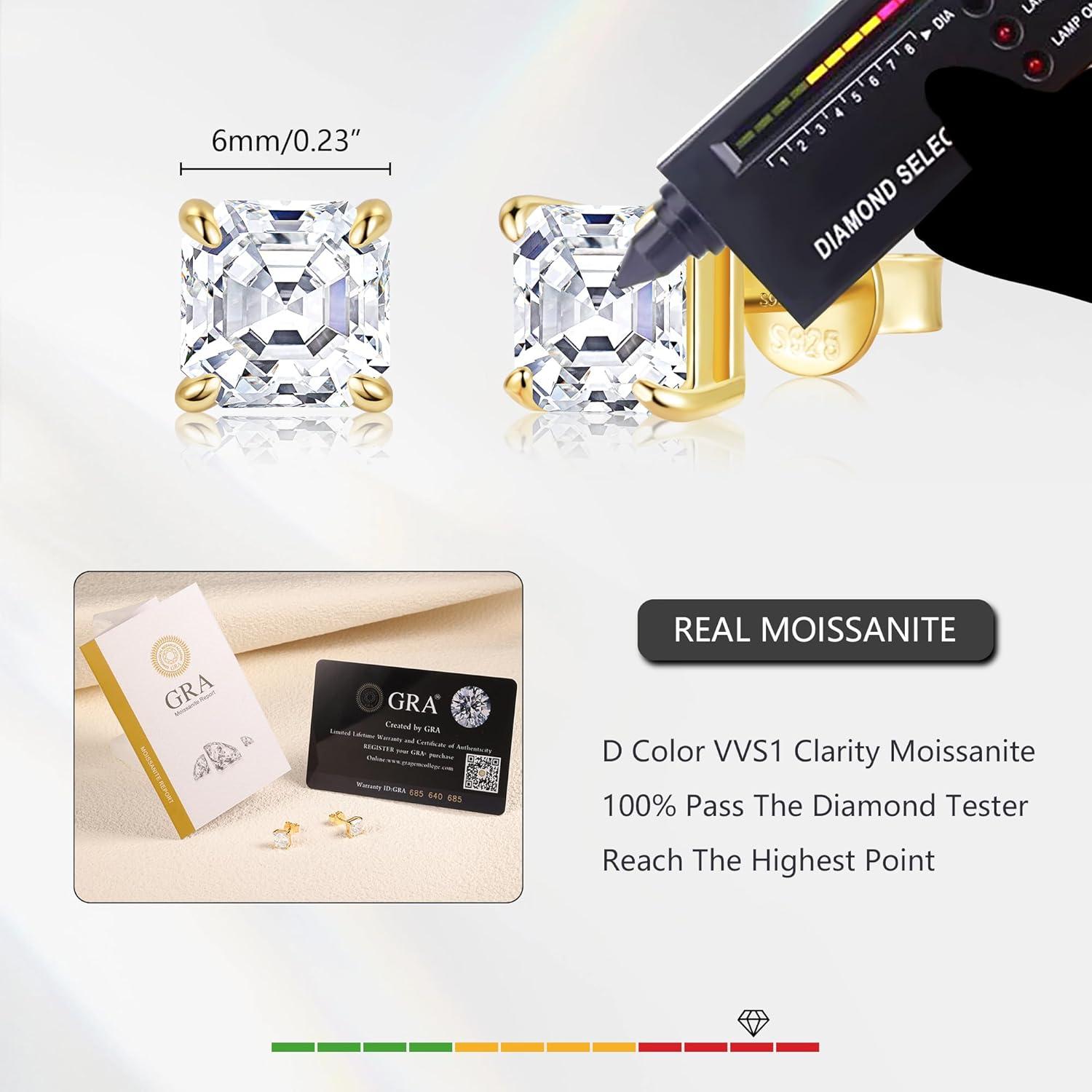 Moissanite Stud Earrings for Women 14K Gold Plated Sterling Silver Stud Earrings 6mm 2ct Asscher Cut D Color VVS1 Moissanite Stud Earrings Lab Created(Gold-6mm-2ct(1ctx2))