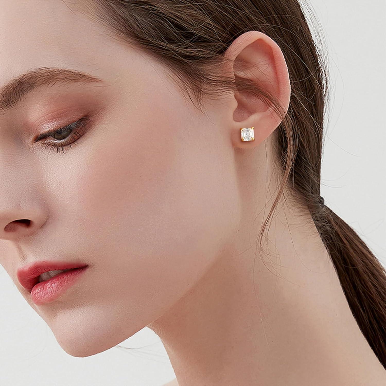 Moissanite Stud Earrings for Women 14K Gold Plated Sterling Silver Stud Earrings 6mm 2ct Asscher Cut D Color VVS1 Moissanite Stud Earrings Lab Created(Gold-6mm-2ct(1ctx2))