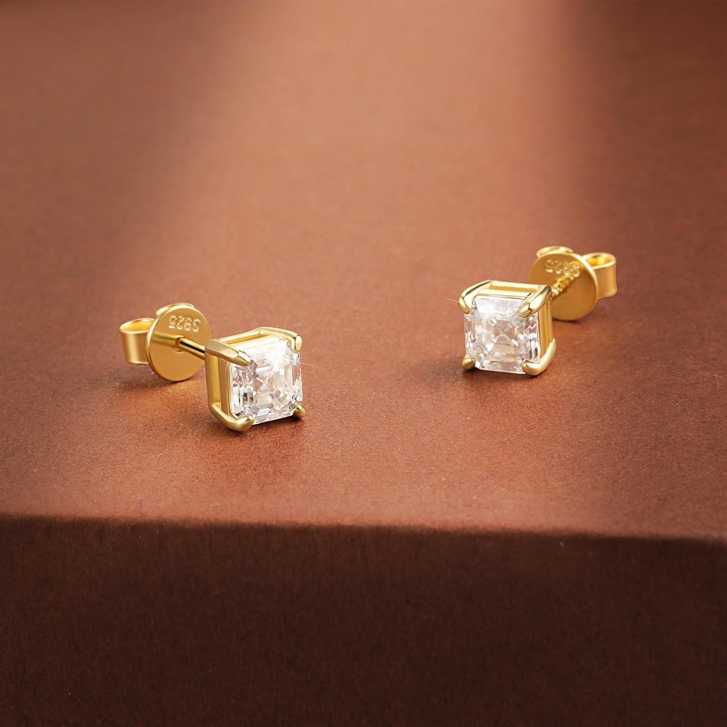 Moissanite Stud Earrings for Women 14K Gold Plated Sterling Silver Stud Earrings 6mm 2ct Asscher Cut D Color VVS1 Moissanite Stud Earrings Lab Created(Gold-6mm-2ct(1ctx2))