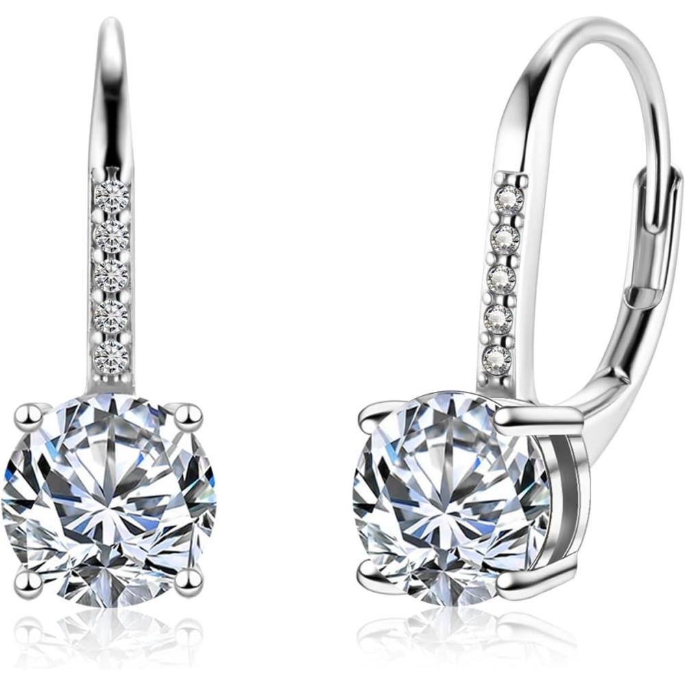 LANCHARMED Moissanite Earrings, White Gold Plated Soild Sterling Silver Dangle Earrings 1.0ct-2.0ct D Color Brilliant Round Cut Lab Created Moissanite French Leverback Drop Earring for Women(B-Silber_2.0CT(1.0ct*2))