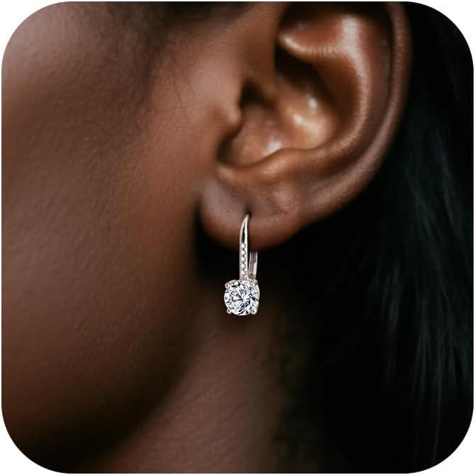 LANCHARMED Moissanite Earrings, White Gold Plated Soild Sterling Silver Dangle Earrings 1.0ct-2.0ct D Color Brilliant Round Cut Lab Created Moissanite French Leverback Drop Earring for Women(B-Silber_2.0CT(1.0ct*2))