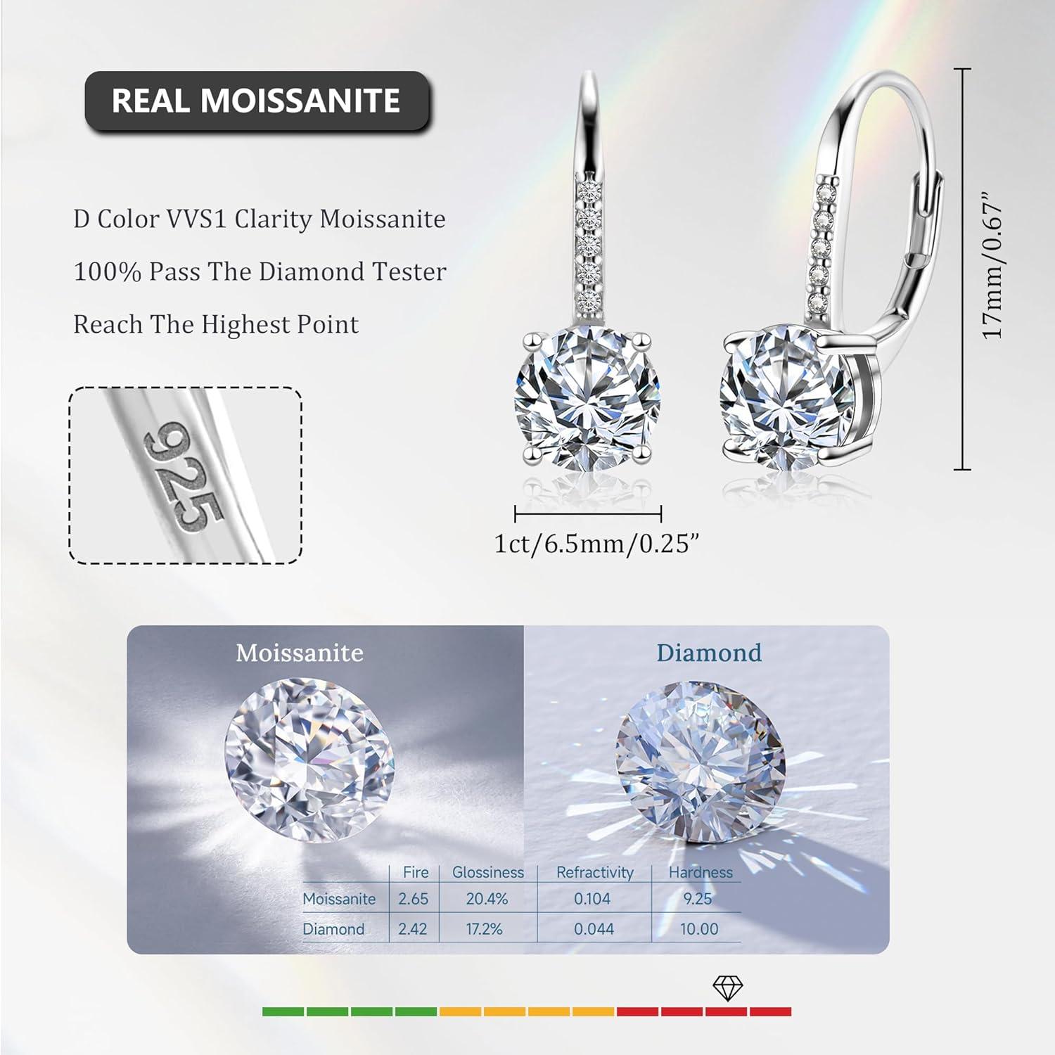 LANCHARMED Moissanite Earrings, White Gold Plated Soild Sterling Silver Dangle Earrings 1.0ct-2.0ct D Color Brilliant Round Cut Lab Created Moissanite French Leverback Drop Earring for Women(B-Silber_2.0CT(1.0ct*2))