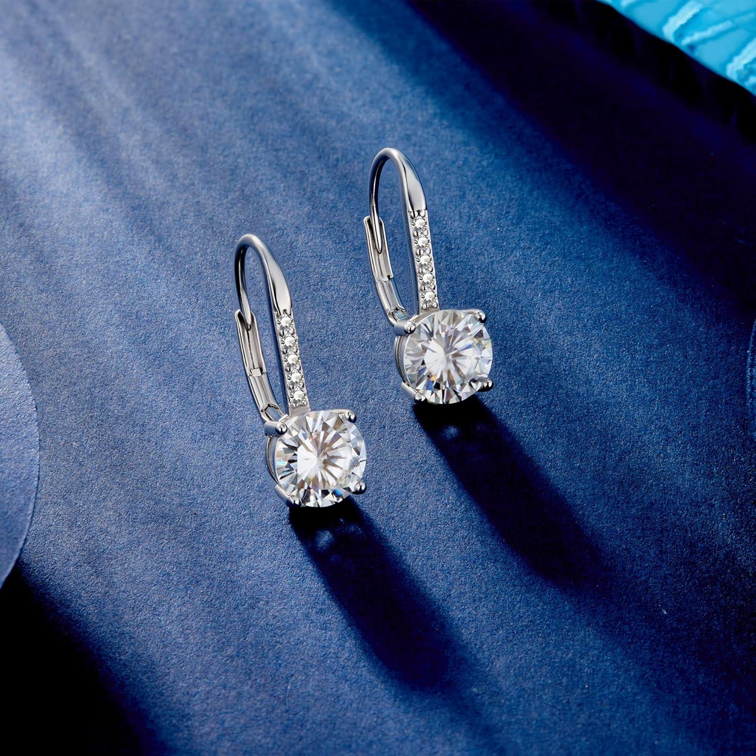 LANCHARMED Moissanite Earrings, White Gold Plated Soild Sterling Silver Dangle Earrings 1.0ct-2.0ct D Color Brilliant Round Cut Lab Created Moissanite French Leverback Drop Earring for Women(B-Silber_2.0CT(1.0ct*2))