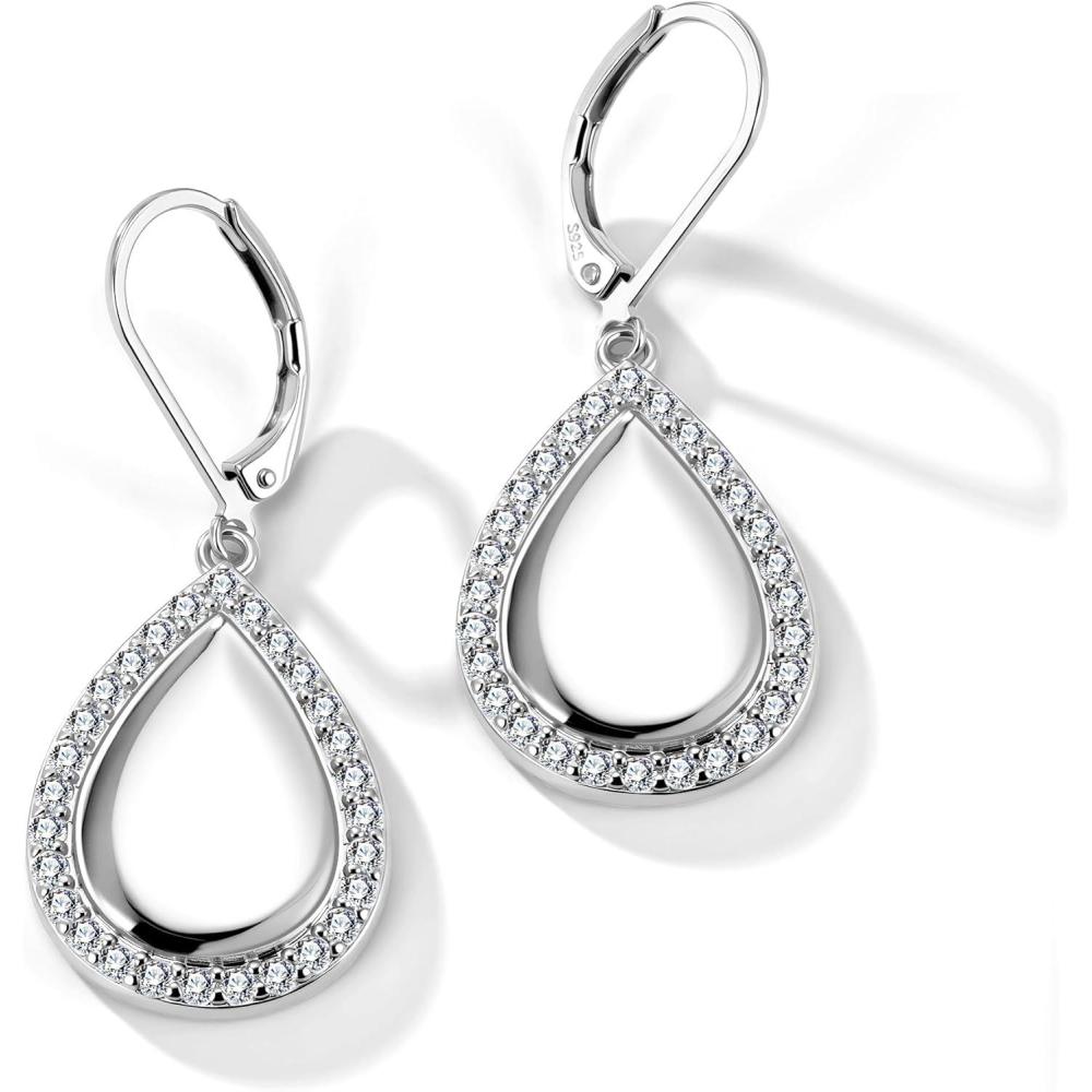 LANCHARMED 925 Sterling Silver Teardrop Dangle Earrings, Hypoallergenic 14k Gold Plated Waterdrop with Cubic Zirconia Around Dangling Drop Leverback Earrings for Women Trendy Statement Jewelry(Silver)