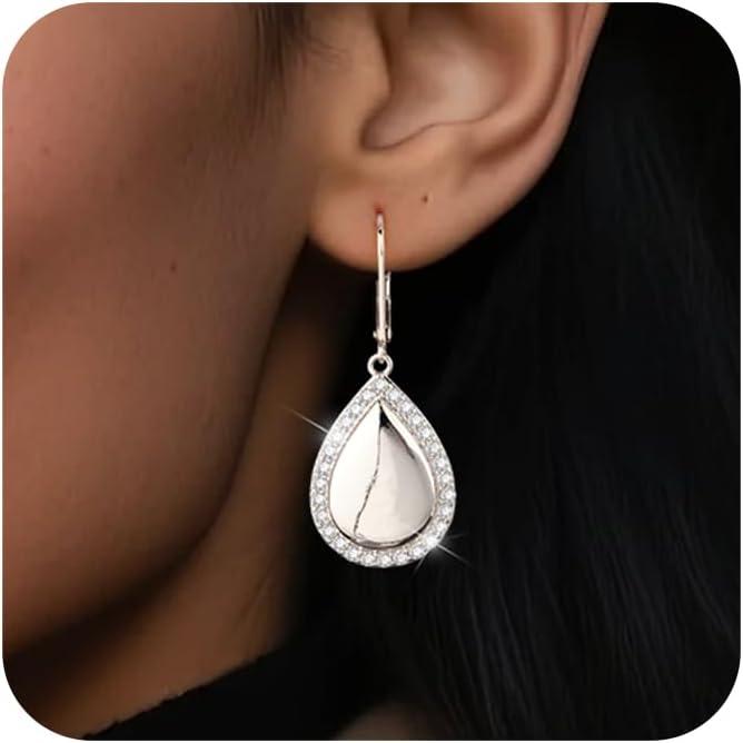LANCHARMED 925 Sterling Silver Teardrop Dangle Earrings, Hypoallergenic 14k Gold Plated Waterdrop with Cubic Zirconia Around Dangling Drop Leverback Earrings for Women Trendy Statement Jewelry(Silver)
