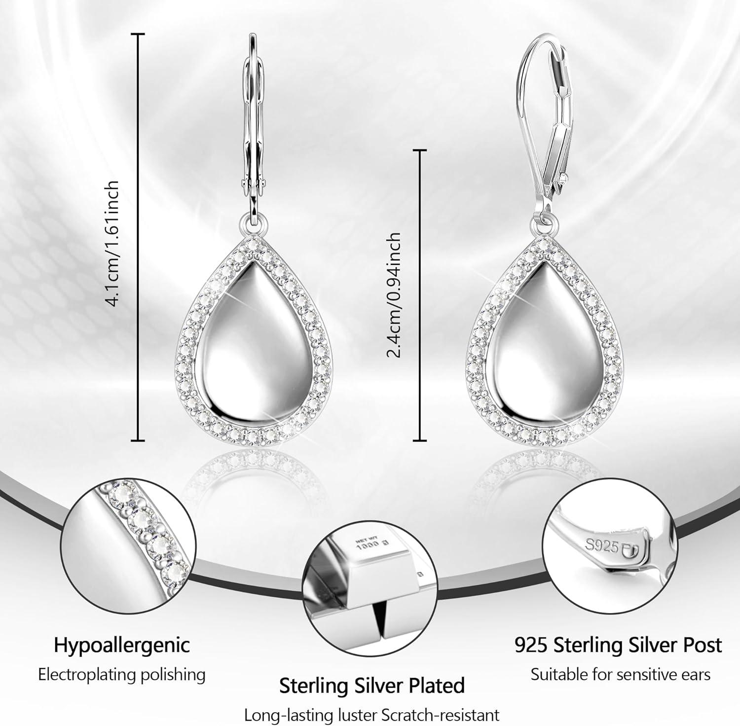 LANCHARMED 925 Sterling Silver Teardrop Dangle Earrings, Hypoallergenic 14k Gold Plated Waterdrop with Cubic Zirconia Around Dangling Drop Leverback Earrings for Women Trendy Statement Jewelry(Silver)