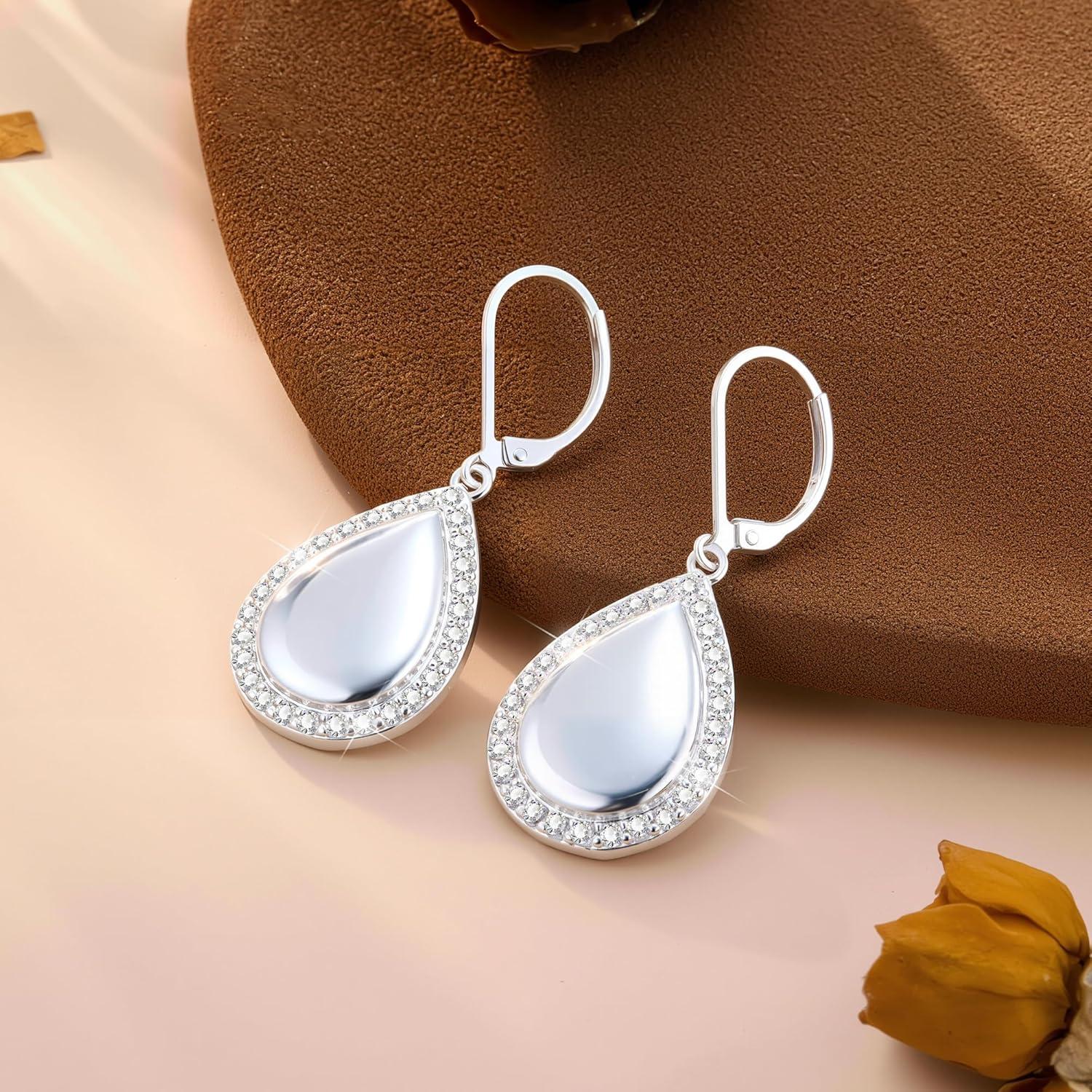 LANCHARMED 925 Sterling Silver Teardrop Dangle Earrings, Hypoallergenic 14k Gold Plated Waterdrop with Cubic Zirconia Around Dangling Drop Leverback Earrings for Women Trendy Statement Jewelry(Silver)