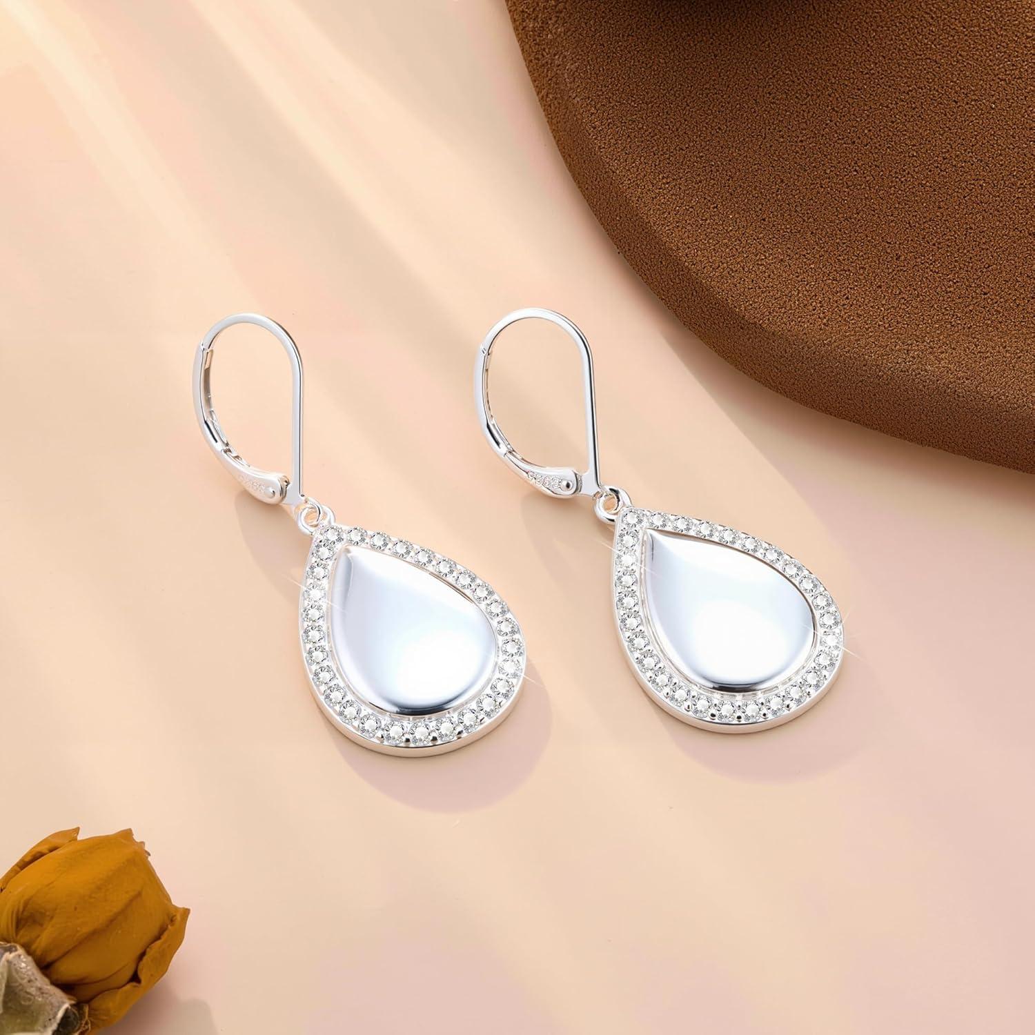 LANCHARMED 925 Sterling Silver Teardrop Dangle Earrings, Hypoallergenic 14k Gold Plated Waterdrop with Cubic Zirconia Around Dangling Drop Leverback Earrings for Women Trendy Statement Jewelry(Silver)