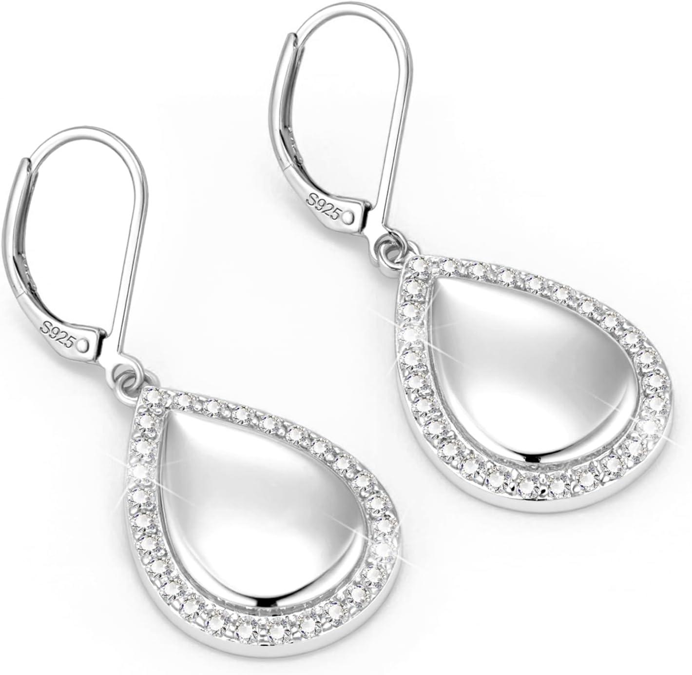 LANCHARMED 925 Sterling Silver Teardrop Dangle Earrings, Hypoallergenic 14k Gold Plated Waterdrop with Cubic Zirconia Around Dangling Drop Leverback Earrings for Women Trendy Statement Jewelry(Silver)