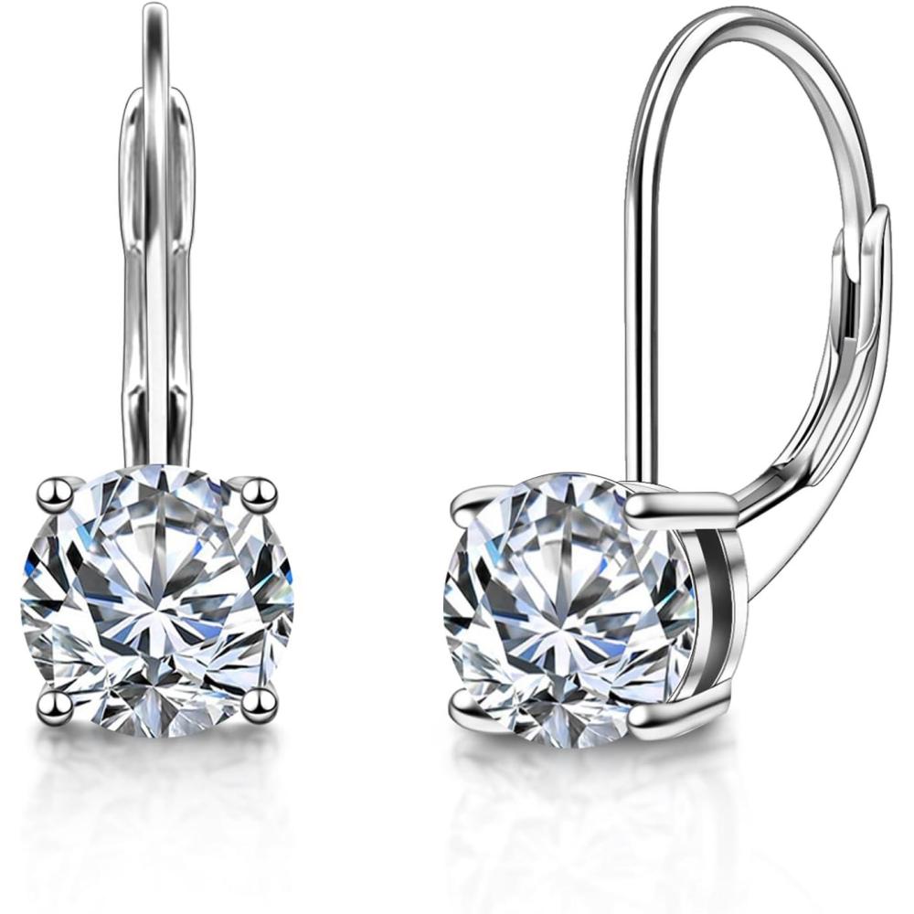 LANCHARMED Moissanite Earrings, White Gold Plated Soild Sterling Silver Dangle Earrings 1.0ct-2.0ct D Color Brilliant Round Cut Lab Created Moissanite French Leverback Drop Earring for Women(A-Silber_2.0CT(1ct*2))