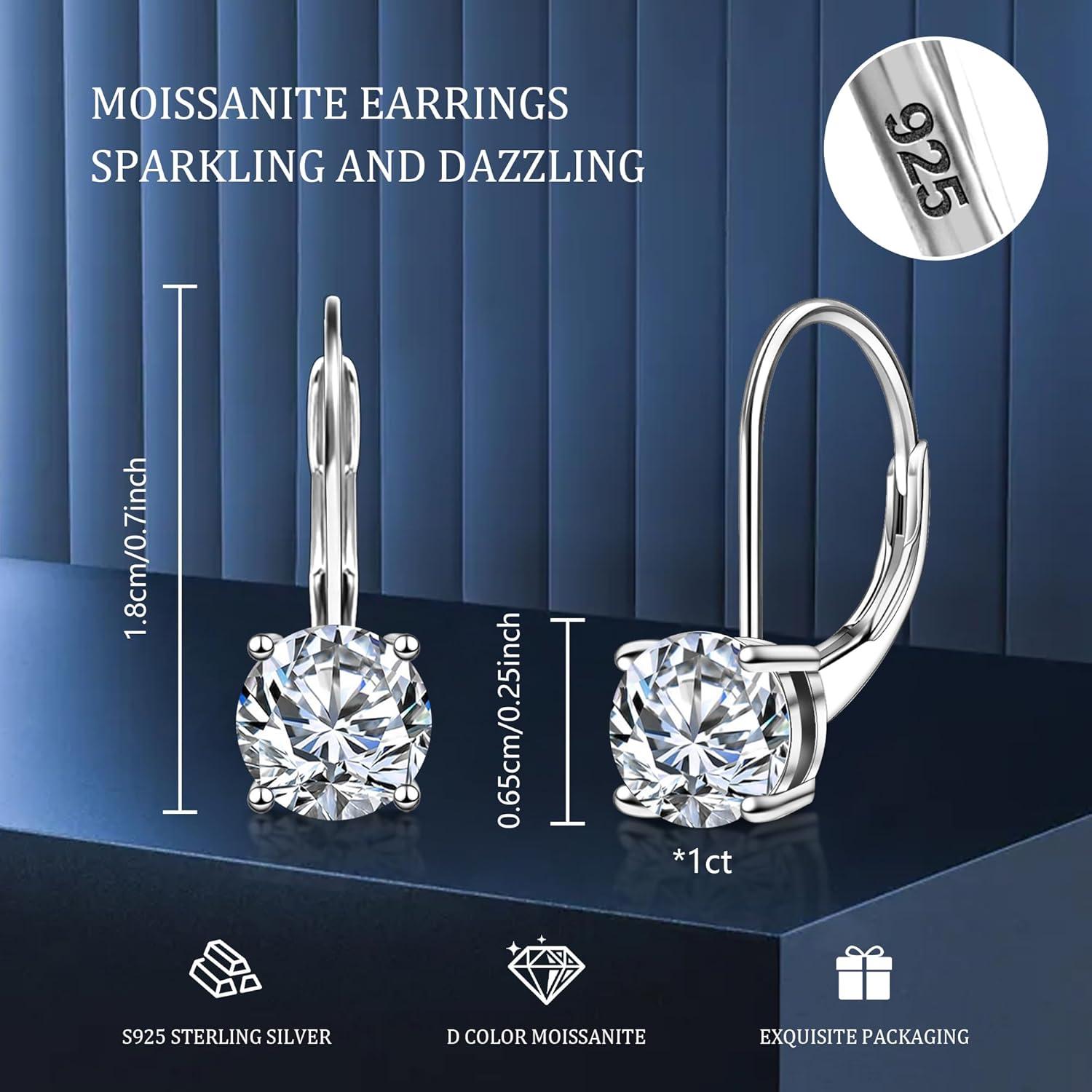 LANCHARMED Moissanite Earrings, White Gold Plated Soild Sterling Silver Dangle Earrings 1.0ct-2.0ct D Color Brilliant Round Cut Lab Created Moissanite French Leverback Drop Earring for Women(A-Silber_2.0CT(1ct*2))