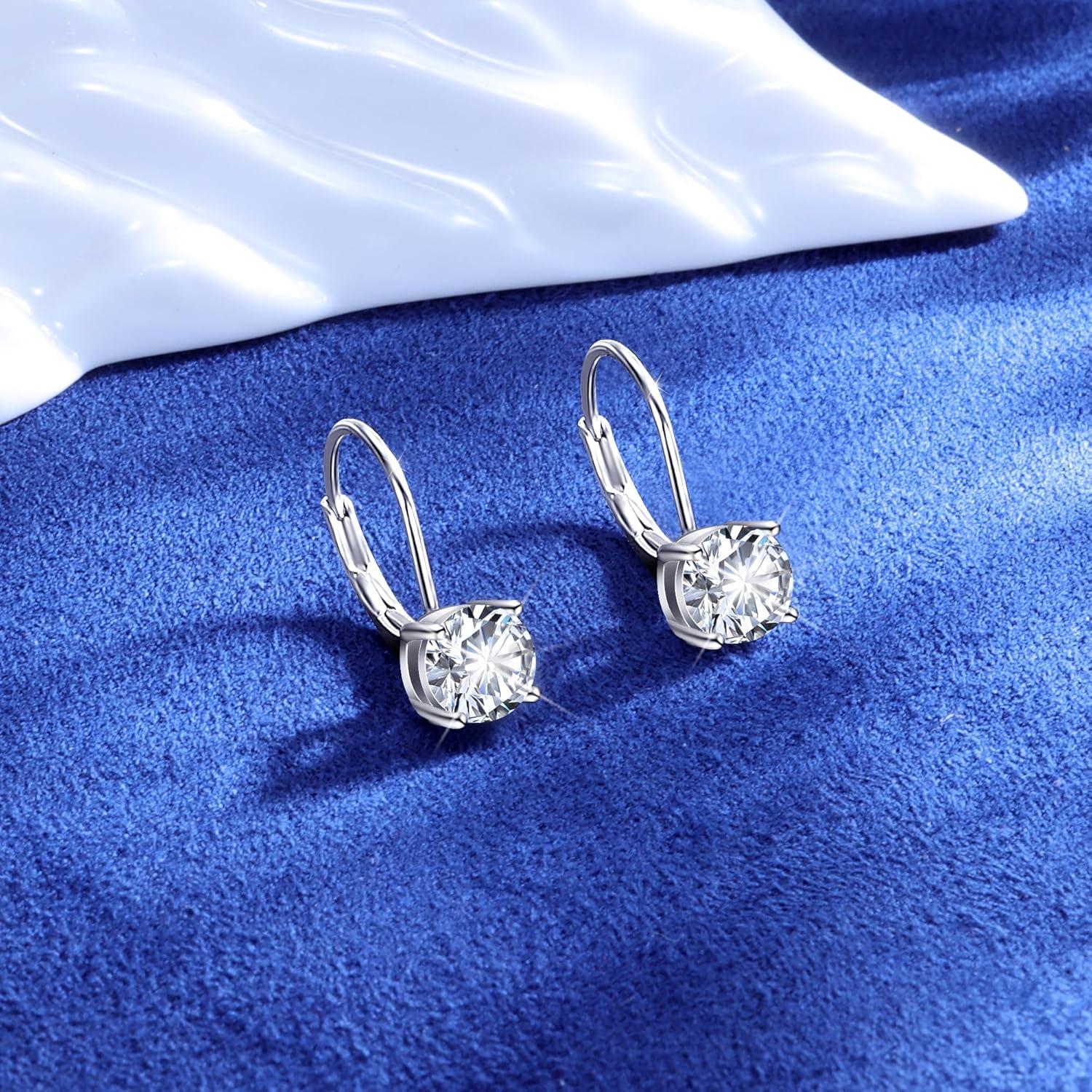 LANCHARMED Moissanite Earrings, White Gold Plated Soild Sterling Silver Dangle Earrings 1.0ct-2.0ct D Color Brilliant Round Cut Lab Created Moissanite French Leverback Drop Earring for Women(A-Silber_2.0CT(1ct*2))