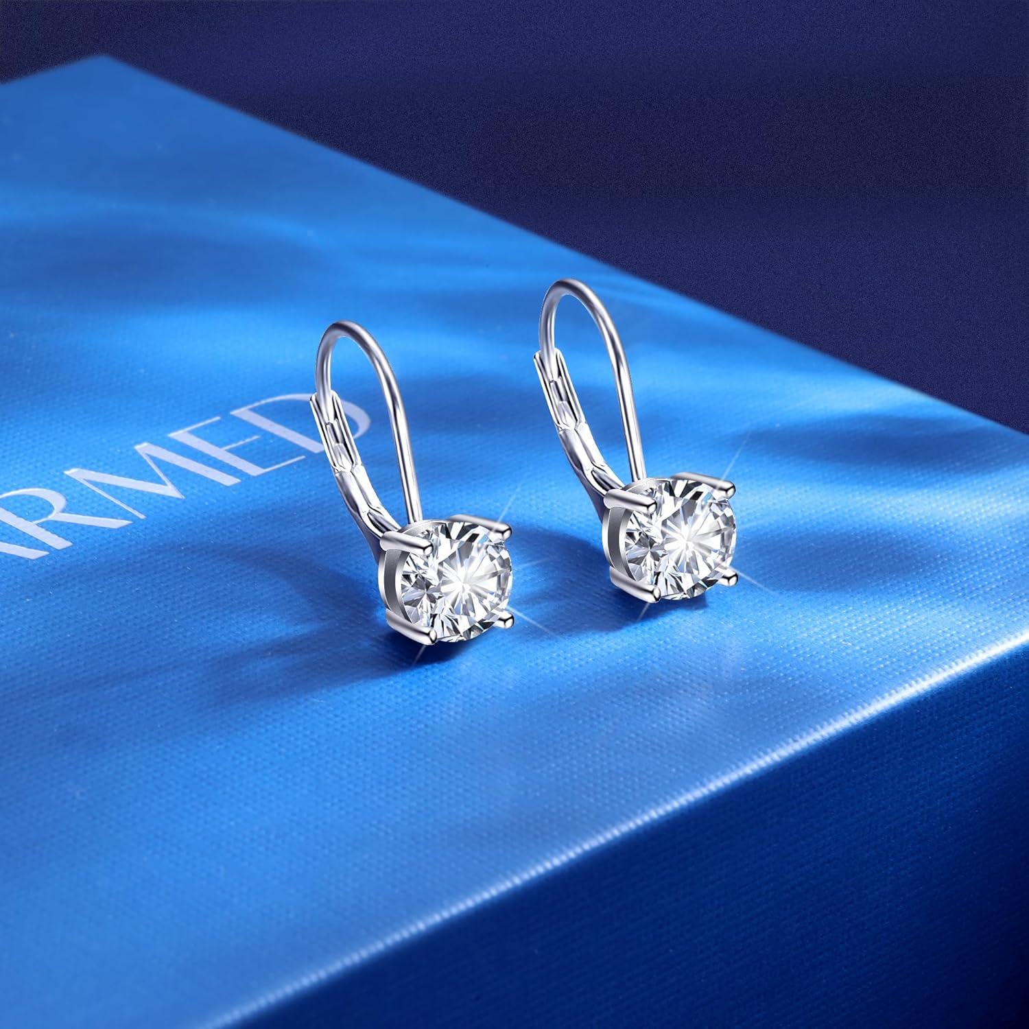 LANCHARMED Moissanite Earrings, White Gold Plated Soild Sterling Silver Dangle Earrings 1.0ct-2.0ct D Color Brilliant Round Cut Lab Created Moissanite French Leverback Drop Earring for Women(A-Silber_2.0CT(1ct*2))