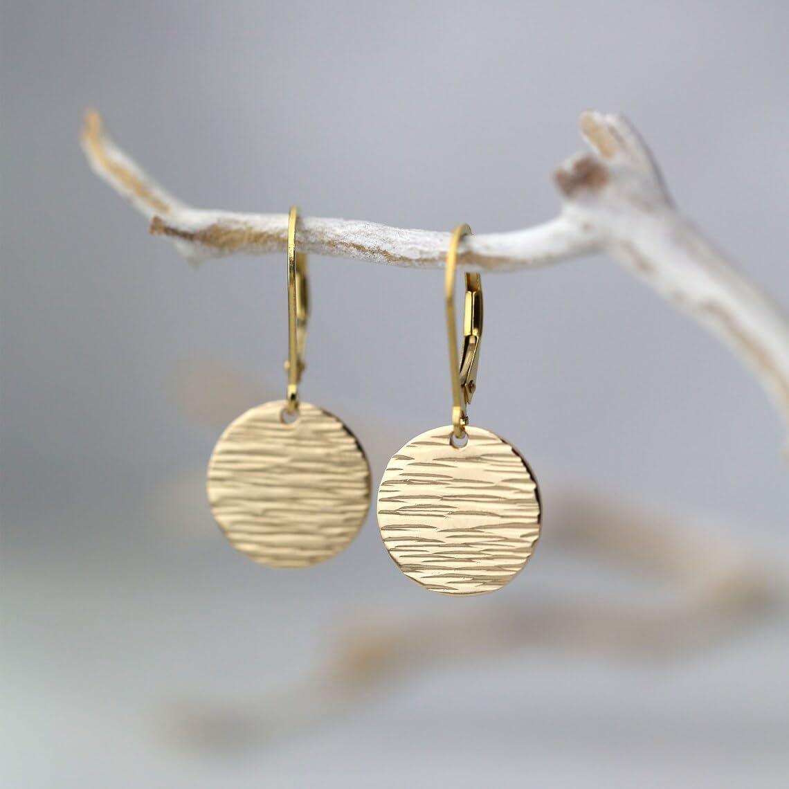 LANCHARMED Sterling Silver Disc Dangle Earrings for Women Gold and Silver Circle Coin Geometric Flat Hammered Drop Earrings Hypoallergenic Leverback Earrings for Jewelry Gifts(Coin 14K Gold)