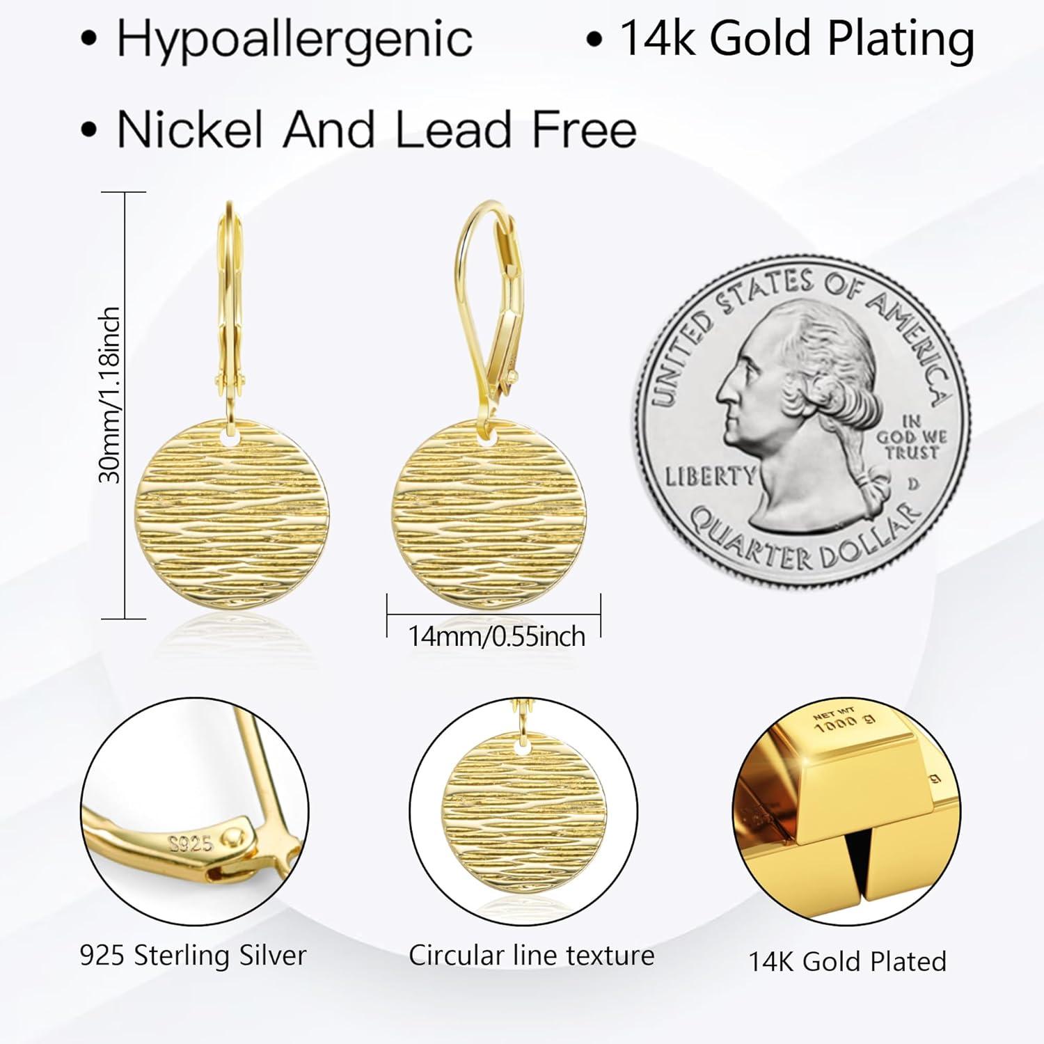 LANCHARMED Sterling Silver Disc Dangle Earrings for Women Gold and Silver Circle Coin Geometric Flat Hammered Drop Earrings Hypoallergenic Leverback Earrings for Jewelry Gifts(Coin 14K Gold)
