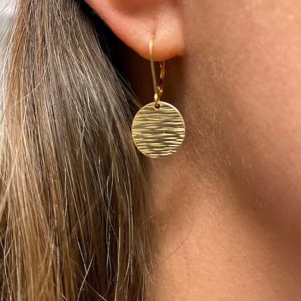 LANCHARMED Sterling Silver Disc Dangle Earrings for Women Gold and Silver Circle Coin Geometric Flat Hammered Drop Earrings Hypoallergenic Leverback Earrings for Jewelry Gifts(Coin 14K Gold)