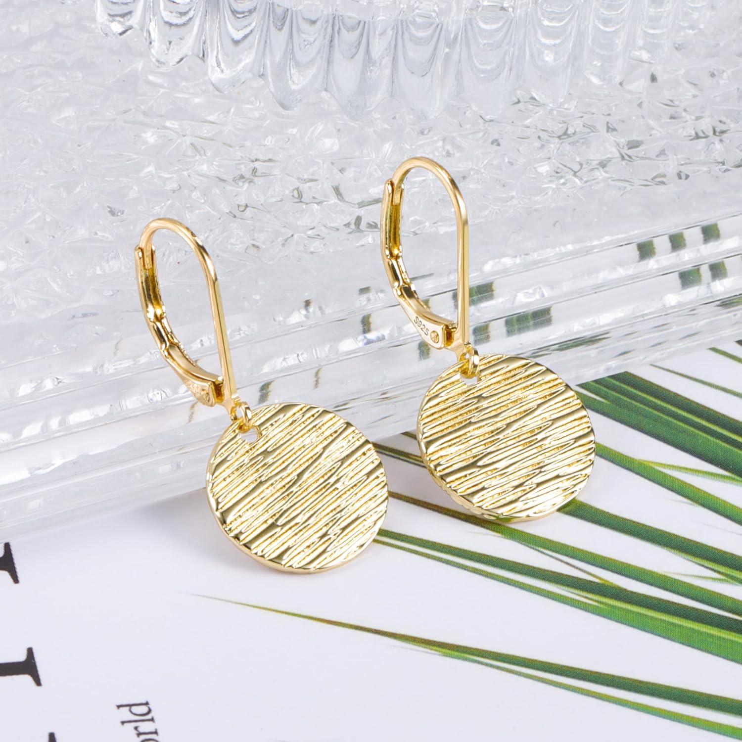 LANCHARMED Sterling Silver Disc Dangle Earrings for Women Gold and Silver Circle Coin Geometric Flat Hammered Drop Earrings Hypoallergenic Leverback Earrings for Jewelry Gifts(Coin 14K Gold)