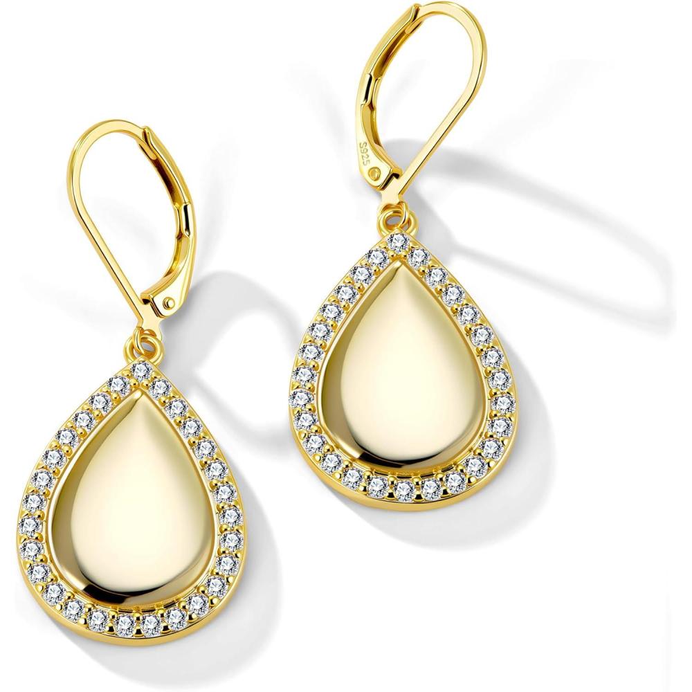 LANCHARMED 925 Sterling Silver Teardrop Dangle Earrings, Hypoallergenic 14k Gold Plated Waterdrop with Cubic Zirconia Around Dangling Drop Leverback Earrings for Women Trendy Statement Jewelry(Gold)