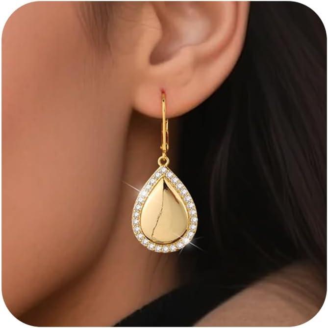 LANCHARMED 925 Sterling Silver Teardrop Dangle Earrings, Hypoallergenic 14k Gold Plated Waterdrop with Cubic Zirconia Around Dangling Drop Leverback Earrings for Women Trendy Statement Jewelry(Gold)