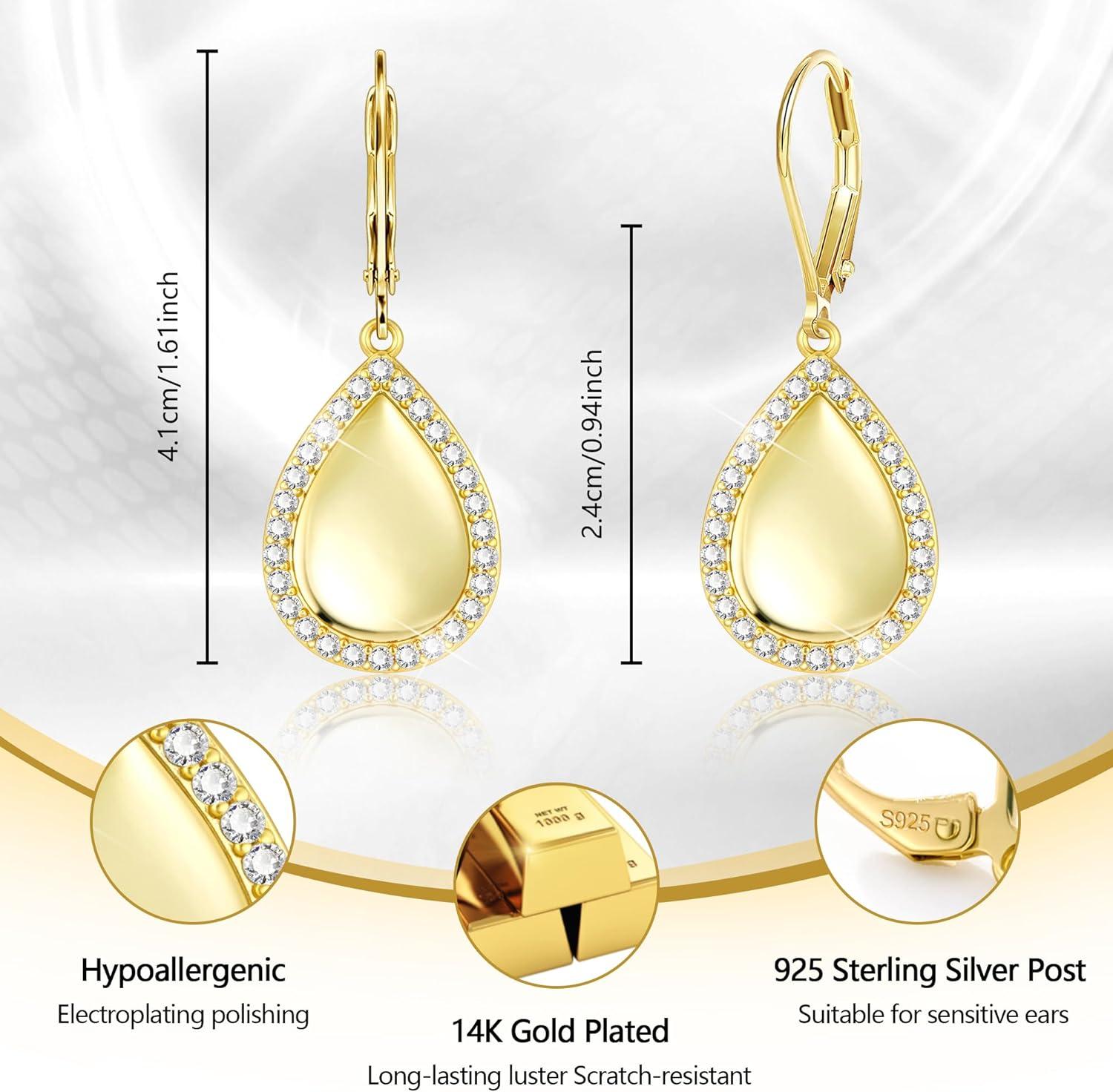 LANCHARMED 925 Sterling Silver Teardrop Dangle Earrings, Hypoallergenic 14k Gold Plated Waterdrop with Cubic Zirconia Around Dangling Drop Leverback Earrings for Women Trendy Statement Jewelry(Gold)