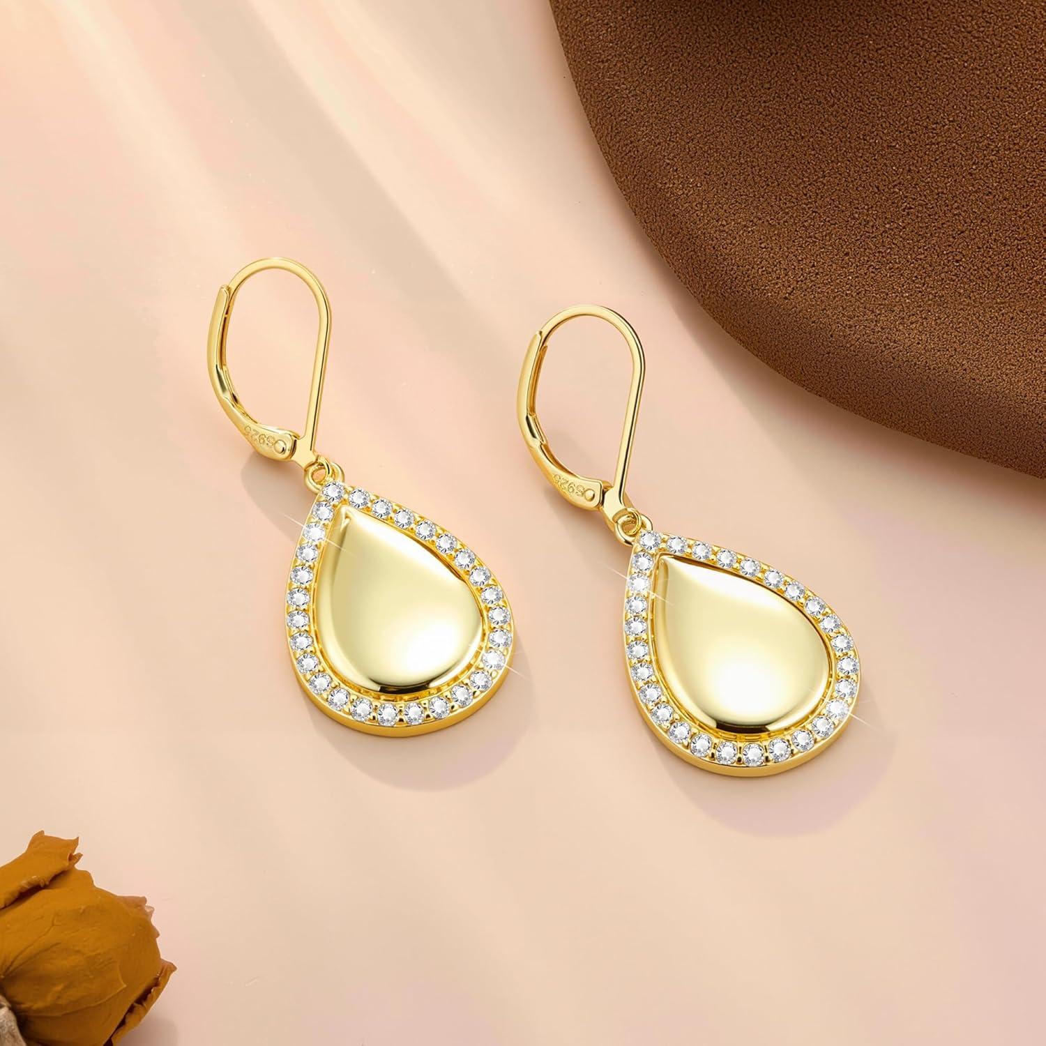 LANCHARMED 925 Sterling Silver Teardrop Dangle Earrings, Hypoallergenic 14k Gold Plated Waterdrop with Cubic Zirconia Around Dangling Drop Leverback Earrings for Women Trendy Statement Jewelry(Gold)