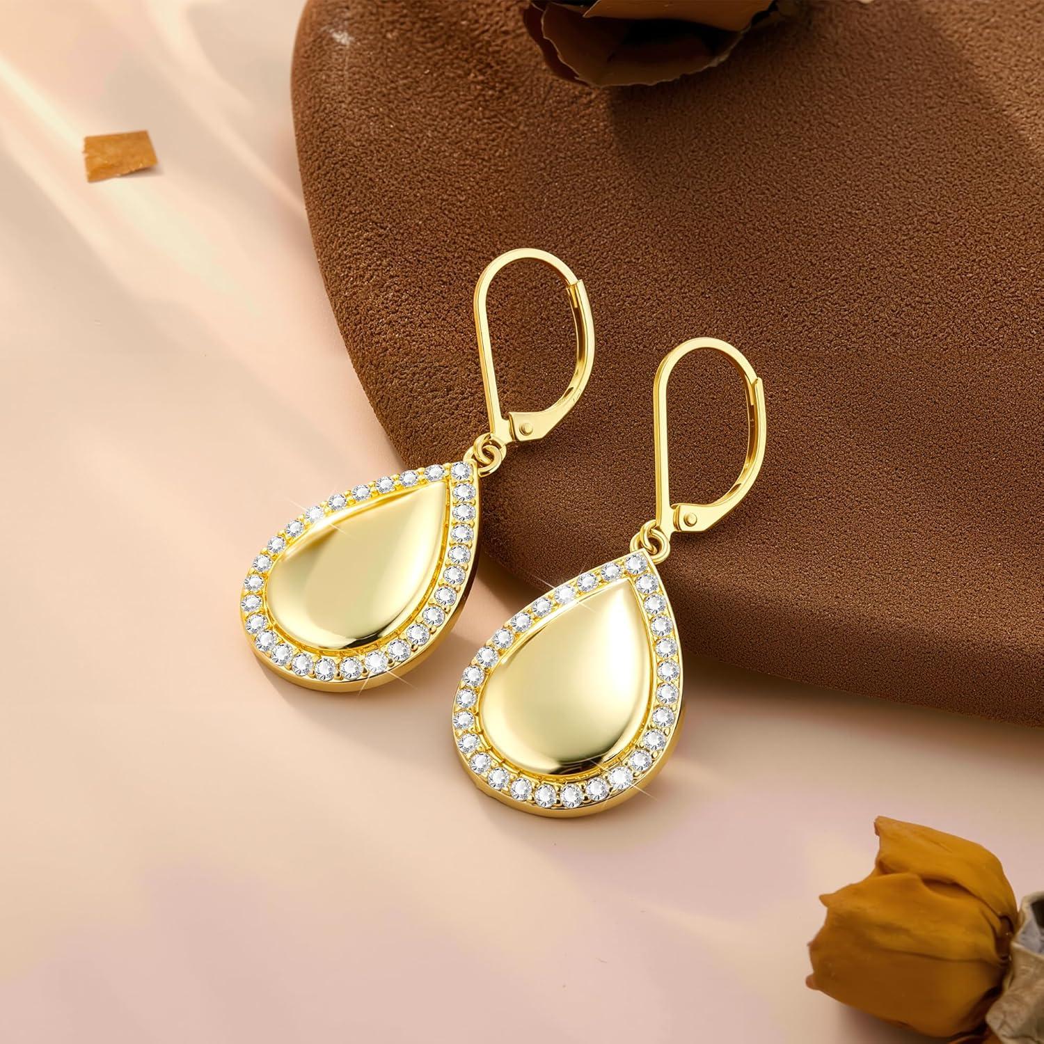 LANCHARMED 925 Sterling Silver Teardrop Dangle Earrings, Hypoallergenic 14k Gold Plated Waterdrop with Cubic Zirconia Around Dangling Drop Leverback Earrings for Women Trendy Statement Jewelry(Gold)