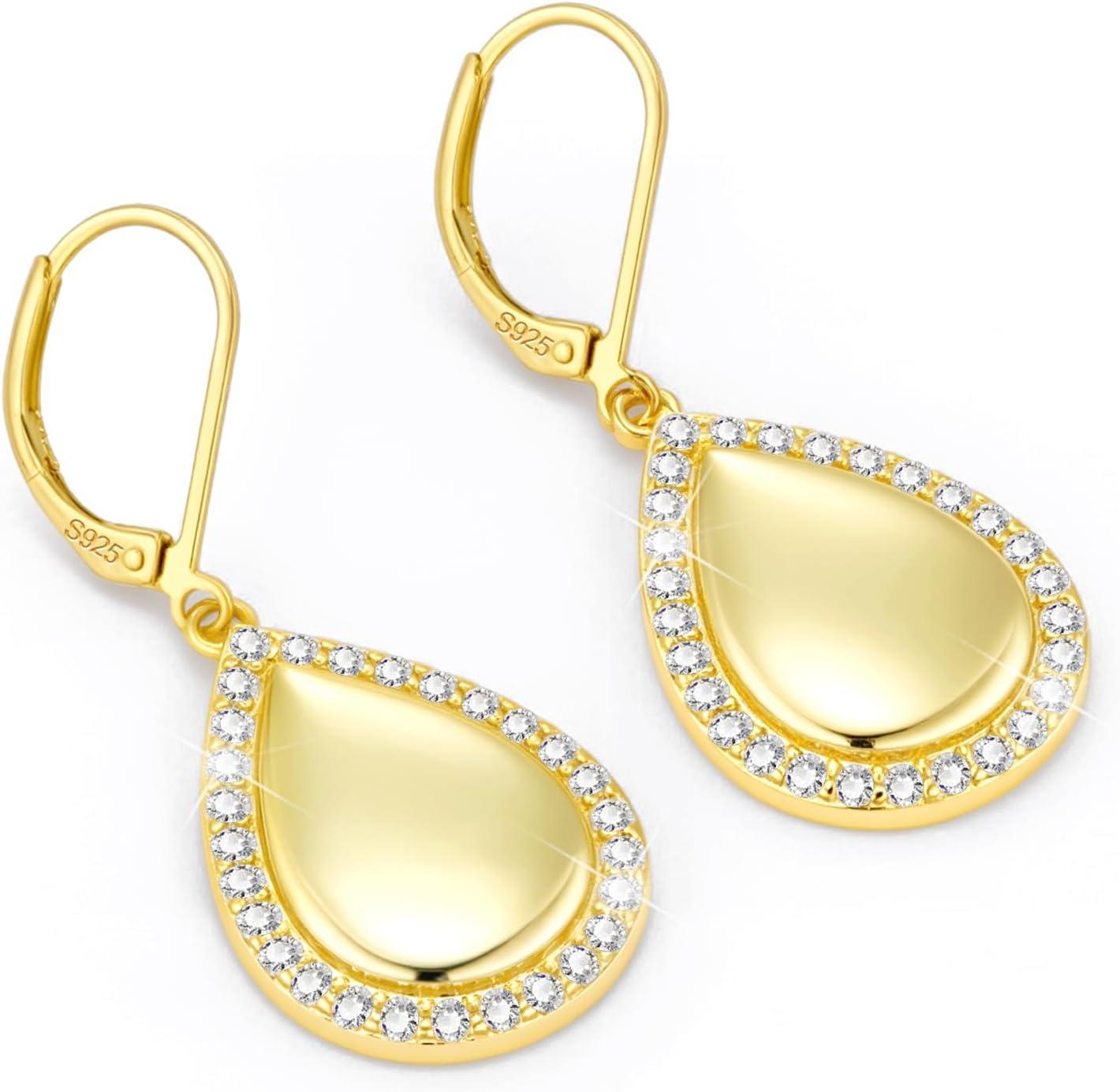 LANCHARMED 925 Sterling Silver Teardrop Dangle Earrings, Hypoallergenic 14k Gold Plated Waterdrop with Cubic Zirconia Around Dangling Drop Leverback Earrings for Women Trendy Statement Jewelry(Gold)