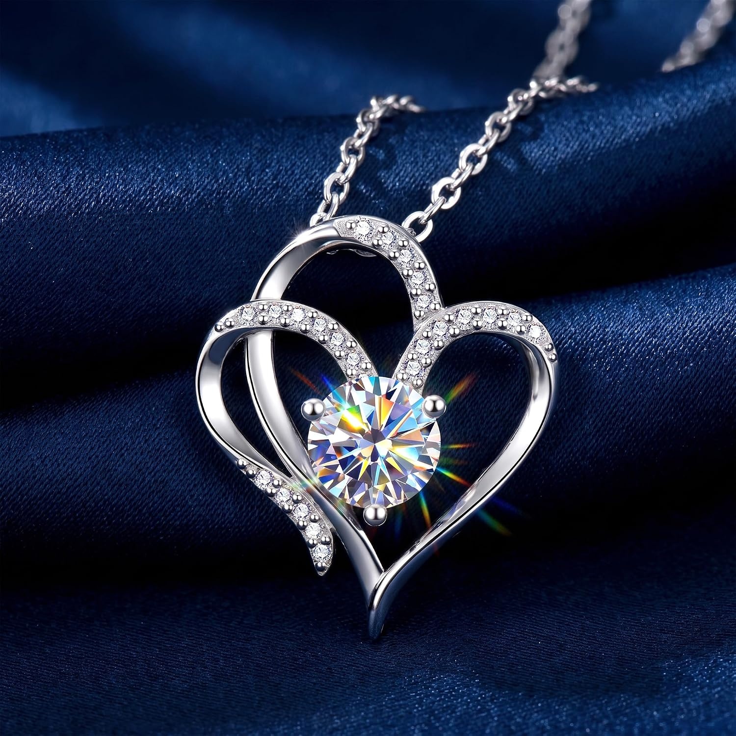 1 Carat Sterling Silver Moissanite Heart Necklace for Women Anniversary | Hypoallergenic Moissanite Sterling Silver Heart Pendant Necklaces Lightweight Sparkly Round Cut Jewelry Gifts for Daily Wear