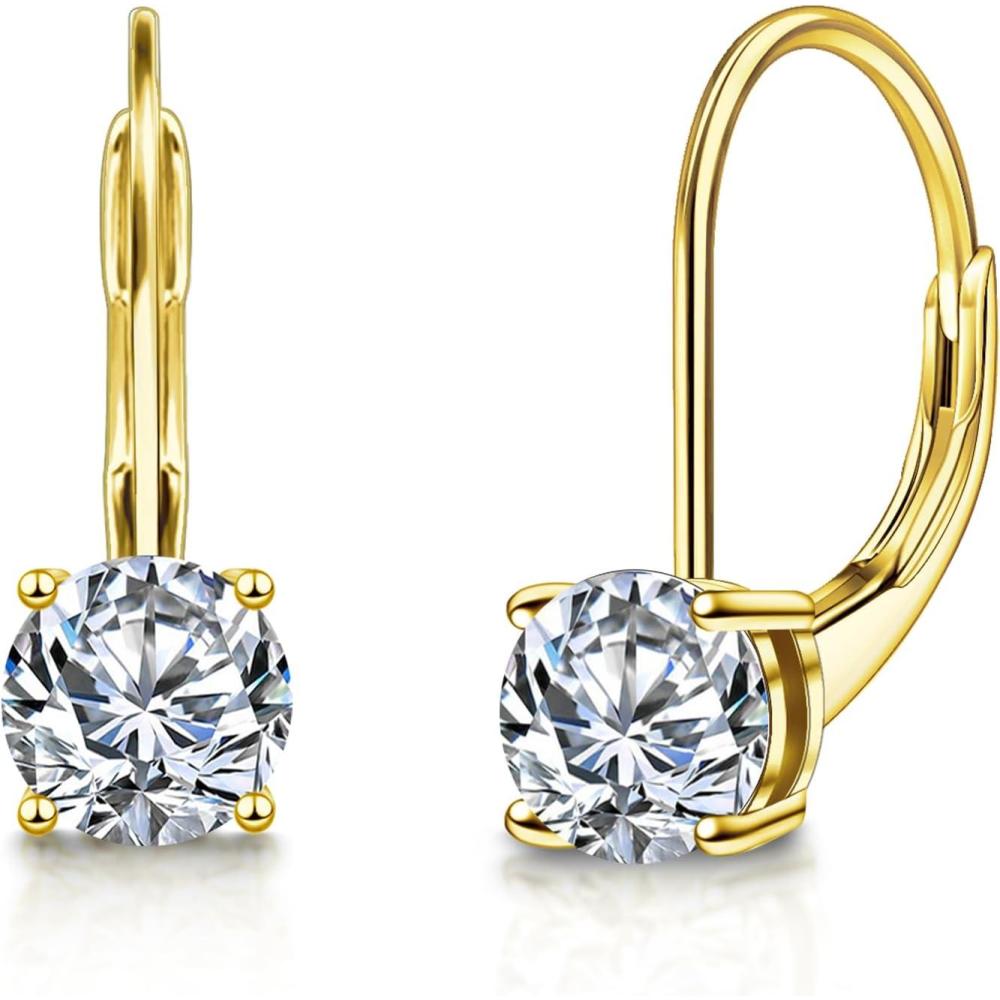 LANCHARMED Moissanite Earrings, White Gold Plated Soild Sterling Silver Dangle Earrings 1.0ct-2.0ct D Color Brilliant Round Cut Lab Created Moissanite French Leverback Drop Earring for Women(A-Gold_1.0CT(0.5ct*2))