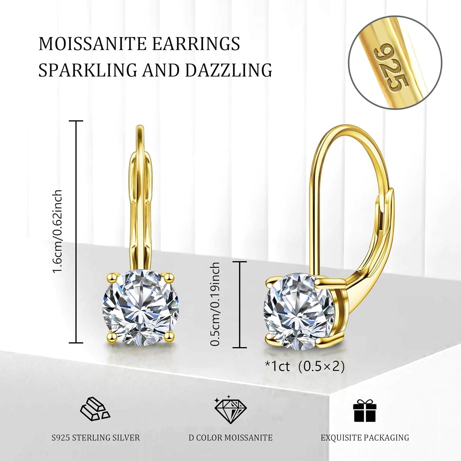 LANCHARMED Moissanite Earrings, White Gold Plated Soild Sterling Silver Dangle Earrings 1.0ct-2.0ct D Color Brilliant Round Cut Lab Created Moissanite French Leverback Drop Earring for Women(A-Gold_1.0CT(0.5ct*2))